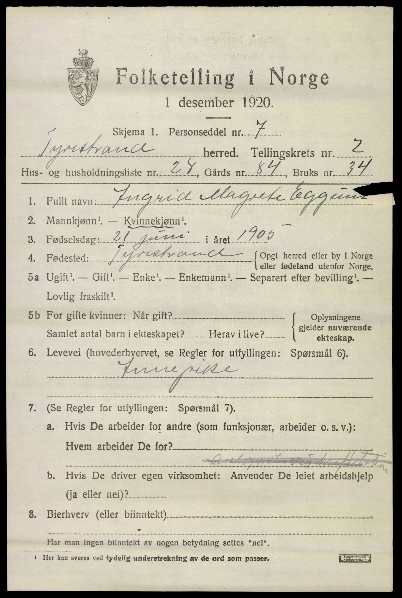 SAKO, 1920 census for Tyristrand, 1920, p. 1614