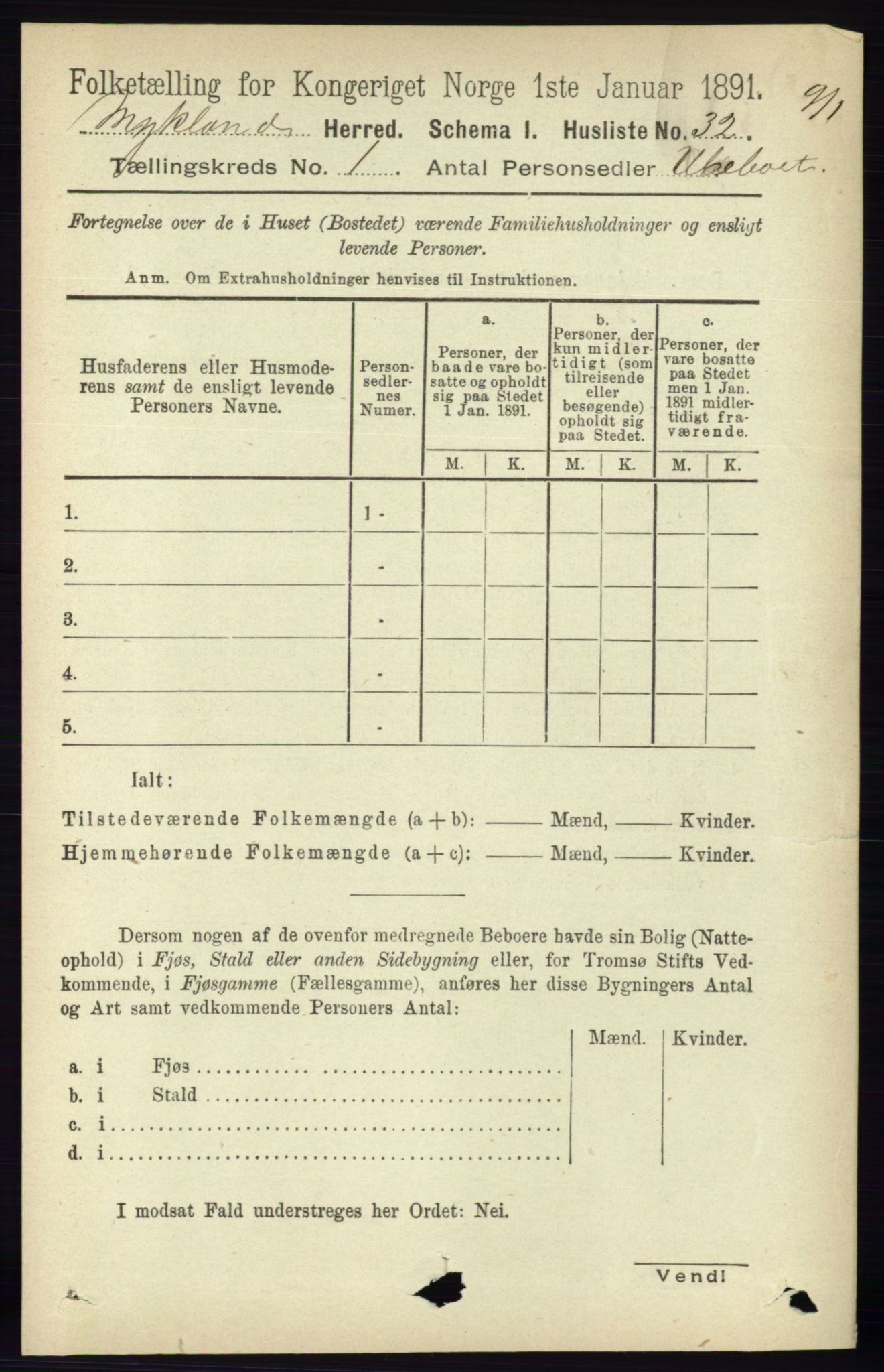 RA, 1891 census for 0932 Mykland, 1891, p. 43