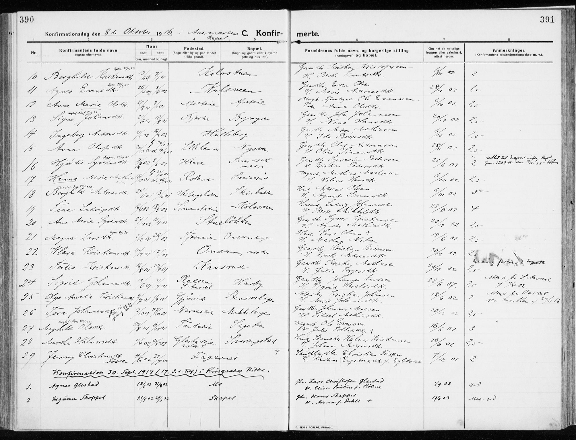 Ringsaker prestekontor, AV/SAH-PREST-014/K/Ka/L0020: Parish register (official) no. 20, 1913-1922, p. 390-391