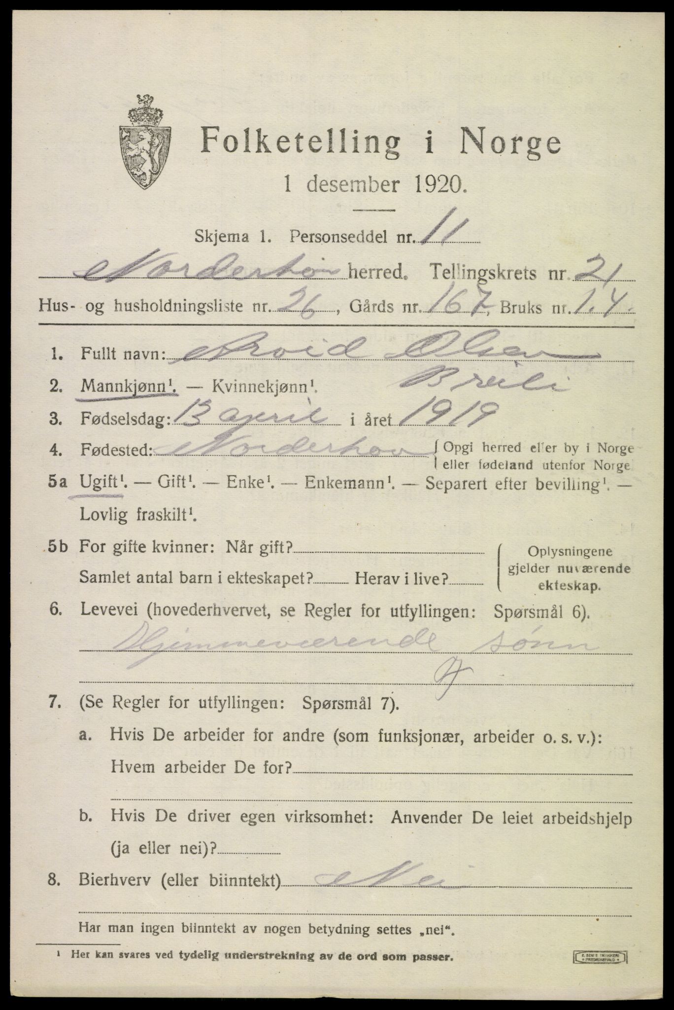 SAKO, 1920 census for Norderhov, 1920, p. 22216