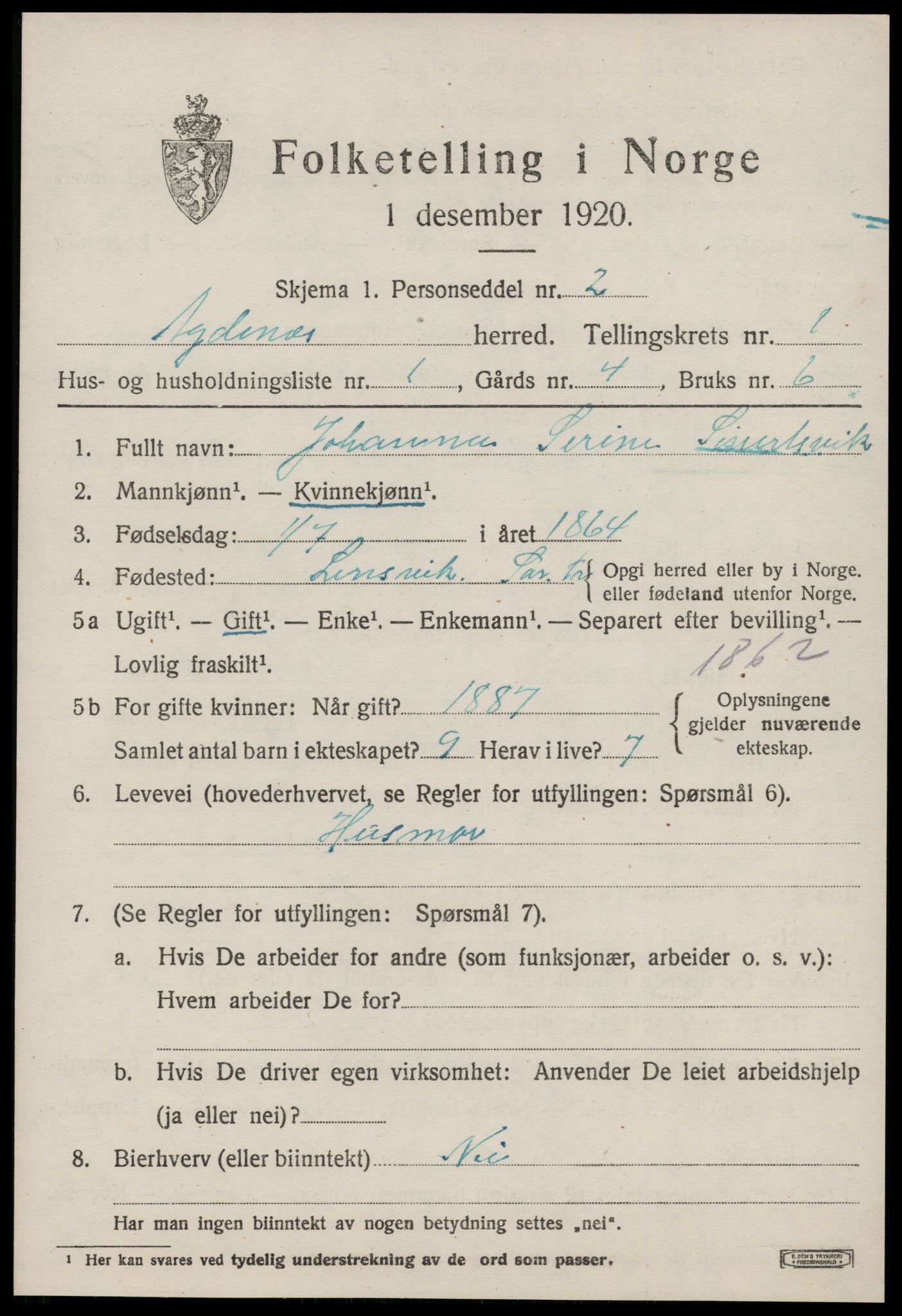 SAT, 1920 census for Agdenes, 1920, p. 503