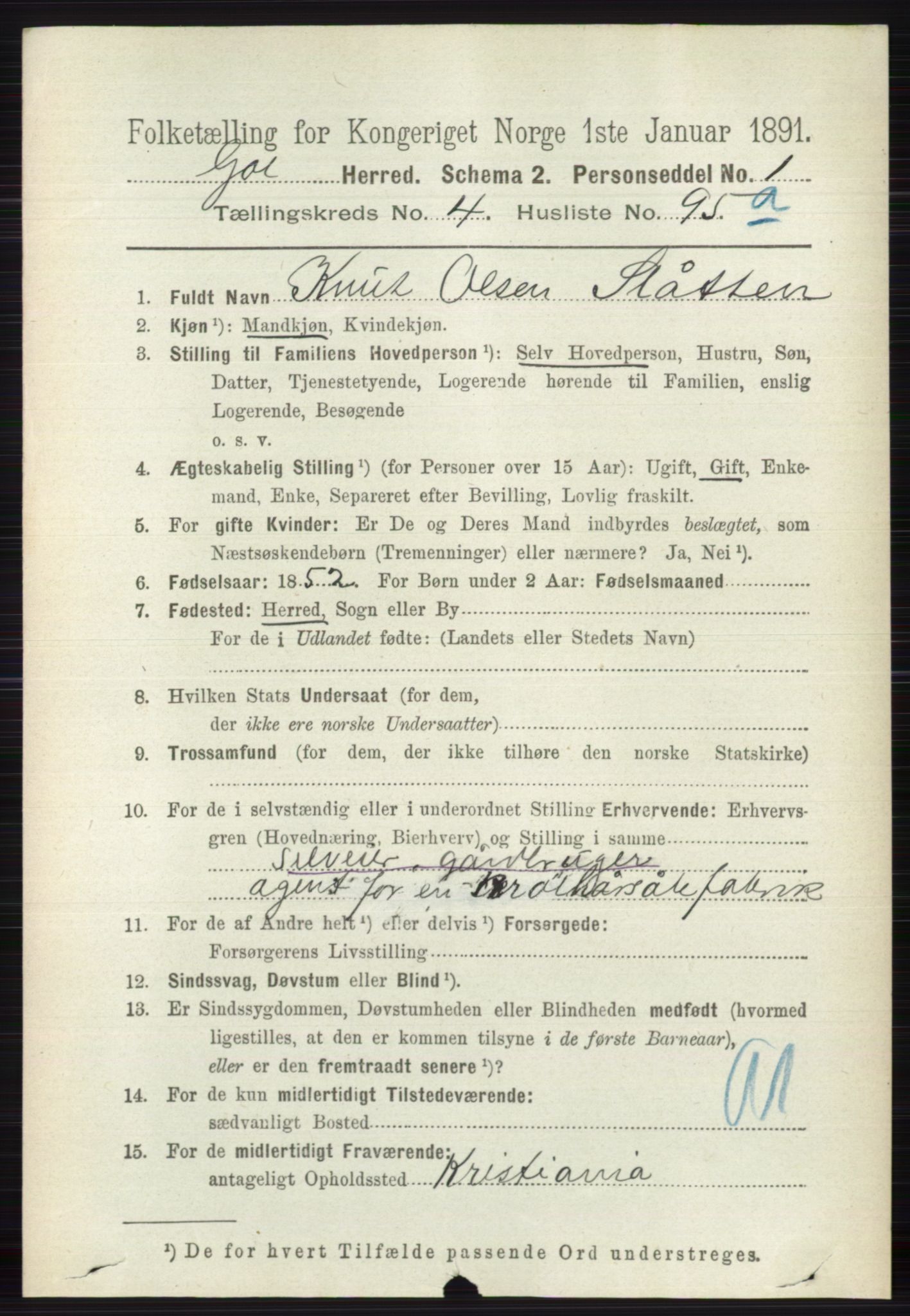 RA, 1891 census for 0617 Gol og Hemsedal, 1891, p. 2286