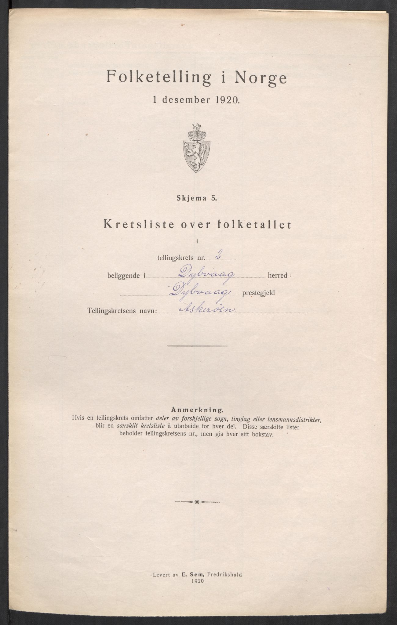 SAK, 1920 census for Dypvåg, 1920, p. 9