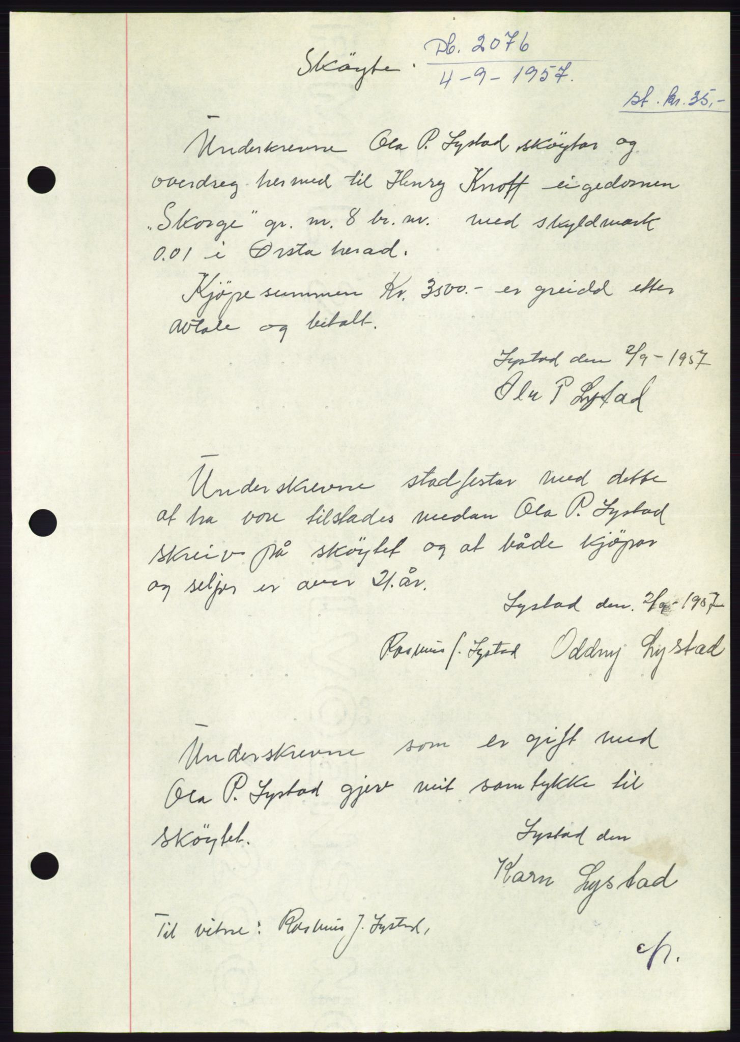 Søre Sunnmøre sorenskriveri, AV/SAT-A-4122/1/2/2C/L0107: Mortgage book no. 33A, 1957-1957, Diary no: : 2076/1957