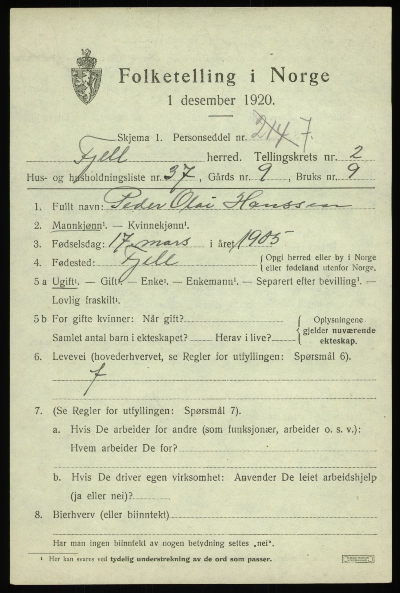 SAB, 1920 census for Fjell, 1920, p. 2676