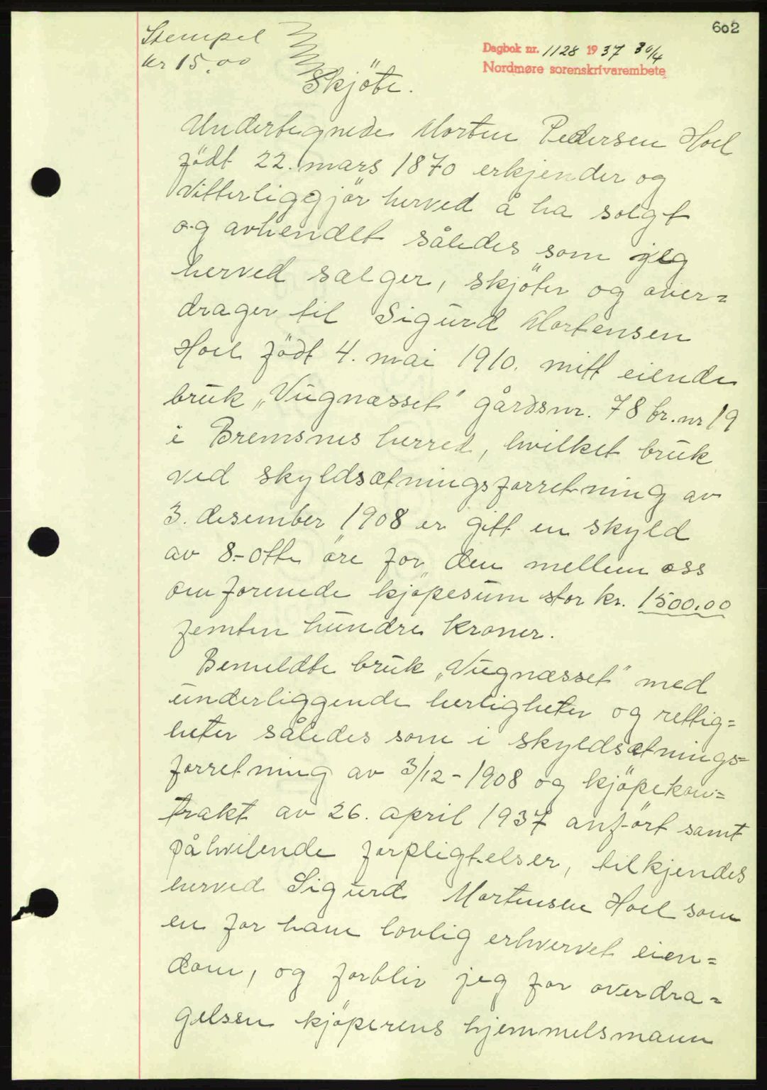 Nordmøre sorenskriveri, AV/SAT-A-4132/1/2/2Ca: Mortgage book no. A81, 1937-1937, Diary no: : 1128/1937