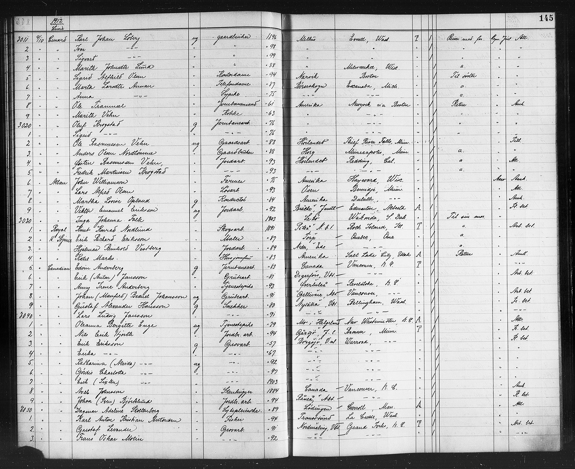 Trondheim politikammer, AV/SAT-A-1887/1/32/L0015: Emigrantprotokoll XIV, 1911-1916, p. 145