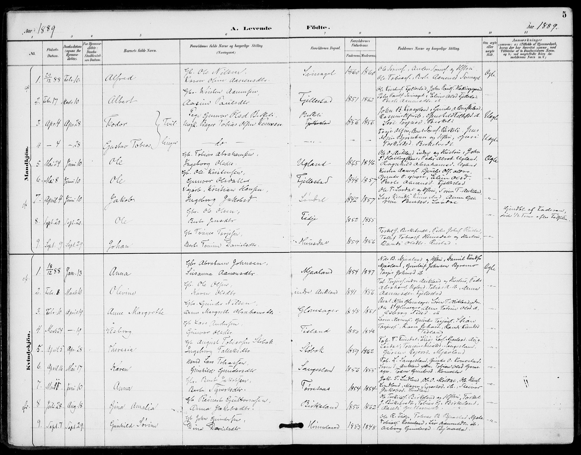 Holum sokneprestkontor, AV/SAK-1111-0022/F/Fa/Fab/L0007: Parish register (official) no. A 7, 1887-1912, p. 5