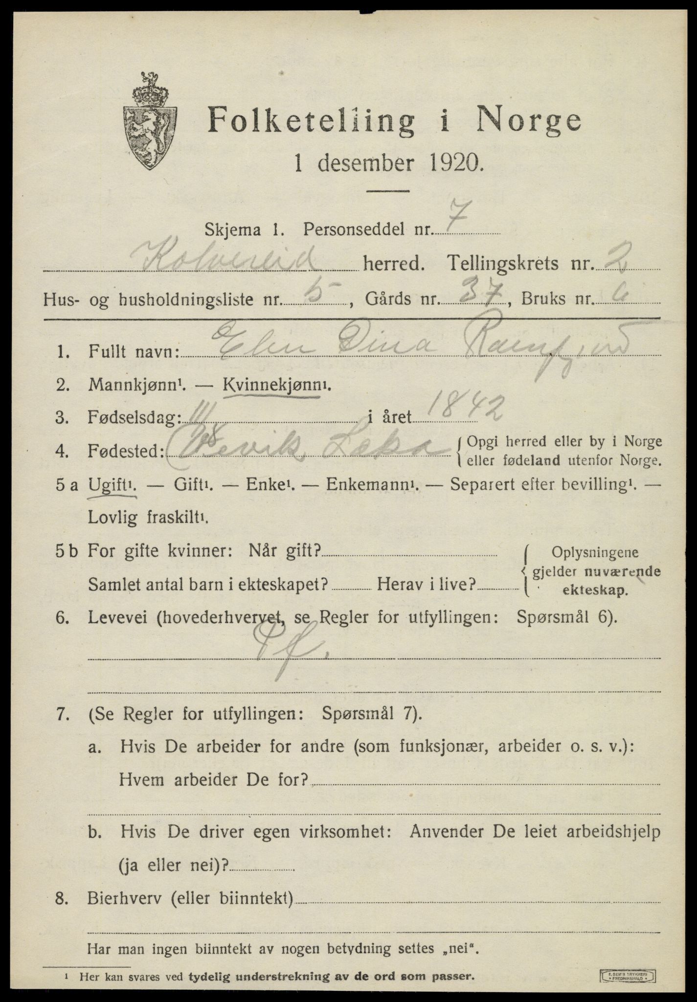 SAT, 1920 census for Kolvereid, 1920, p. 1555