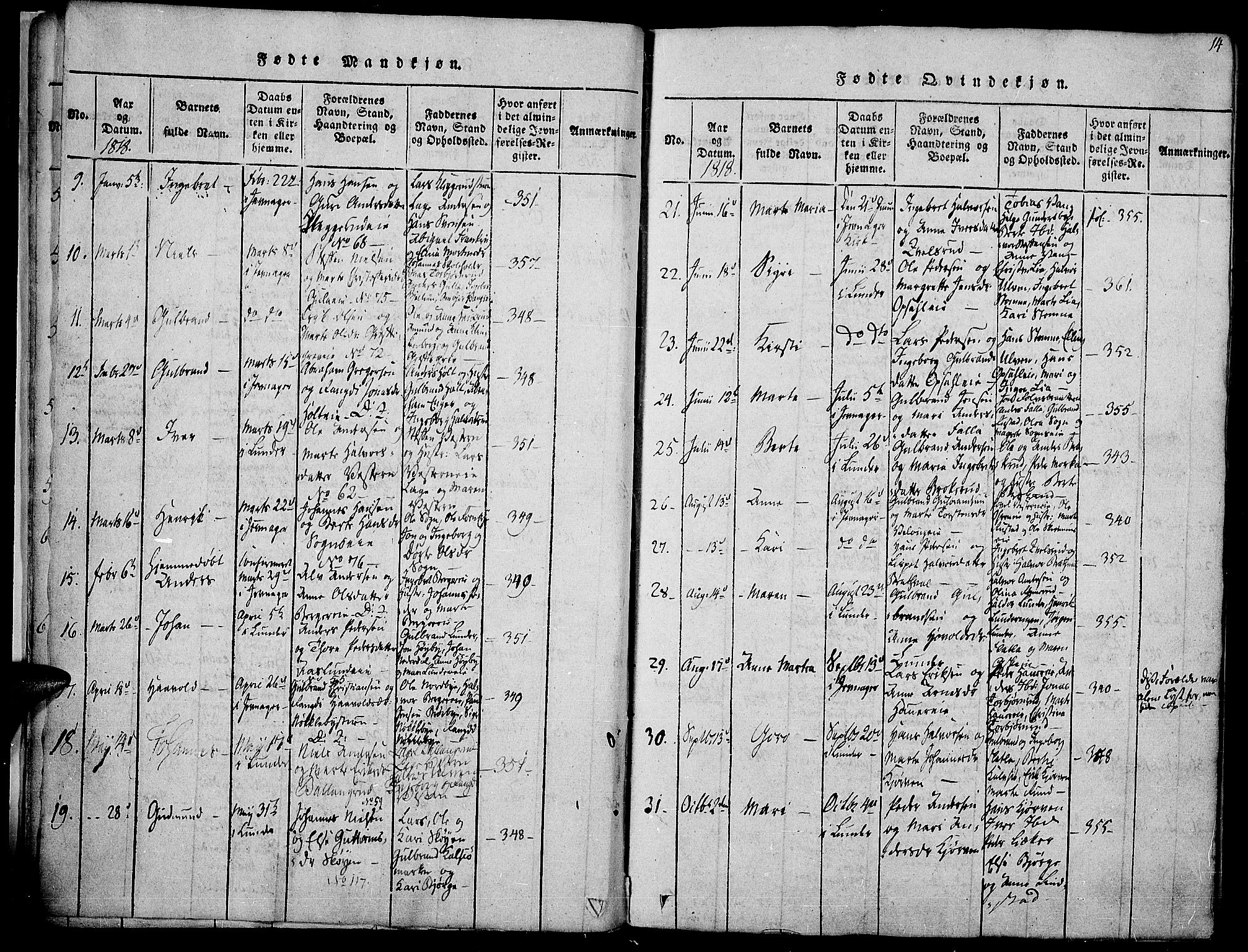 Jevnaker prestekontor, SAH/PREST-116/H/Ha/Haa/L0005: Parish register (official) no. 5, 1815-1837, p. 14