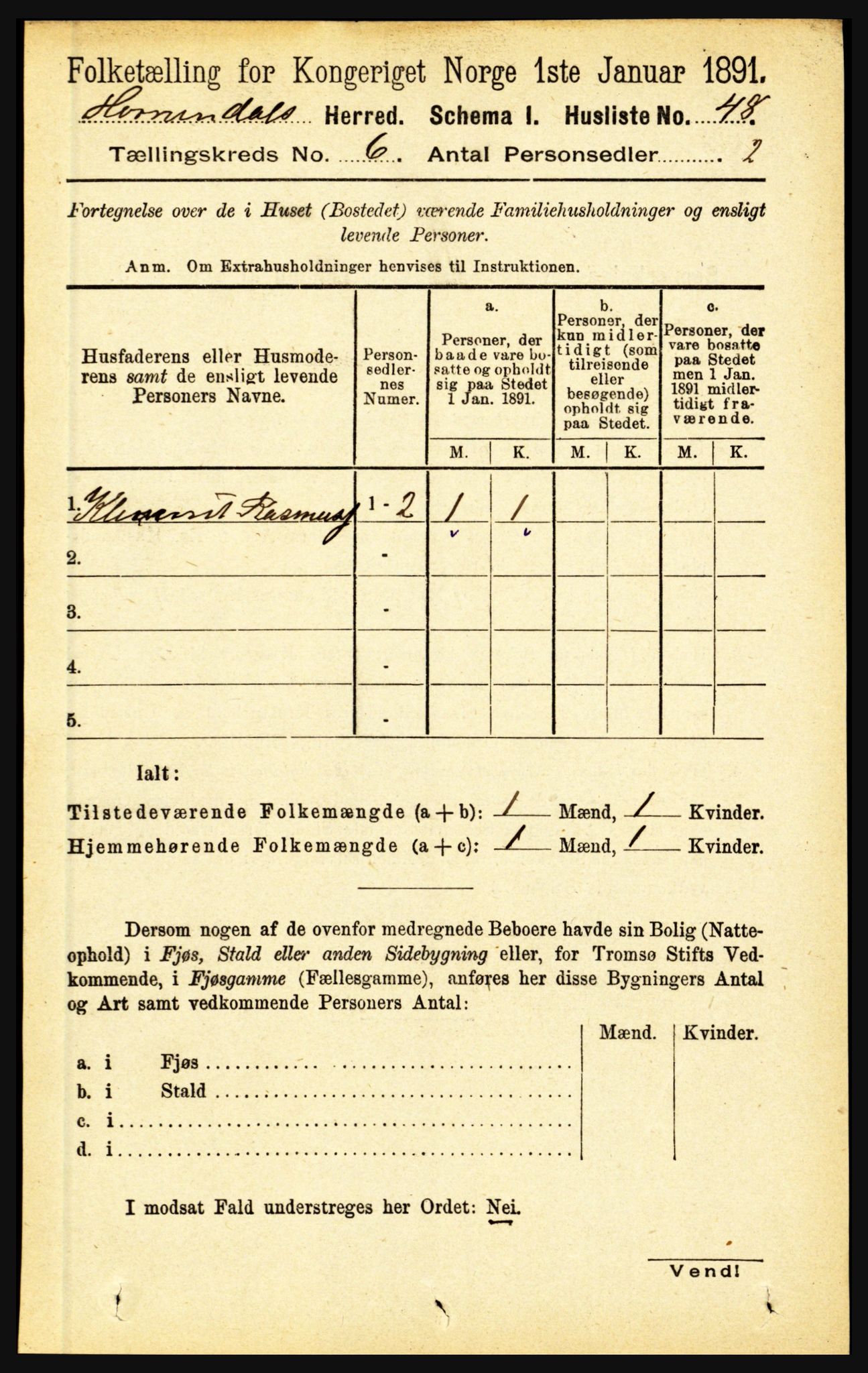 RA, 1891 census for 1444 Hornindal, 1891, p. 1395