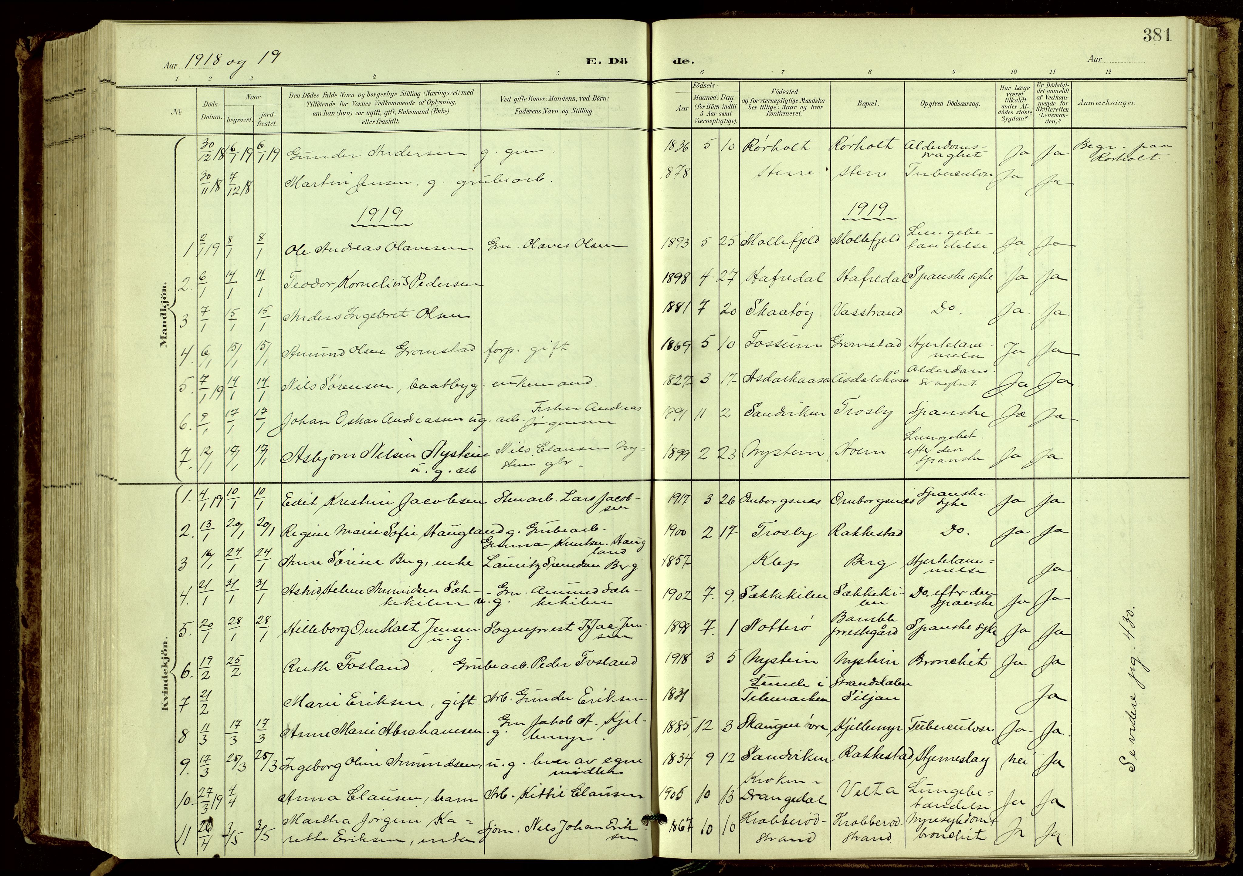 Bamble kirkebøker, SAKO/A-253/G/Ga/L0010: Parish register (copy) no. I 10, 1901-1919, p. 381