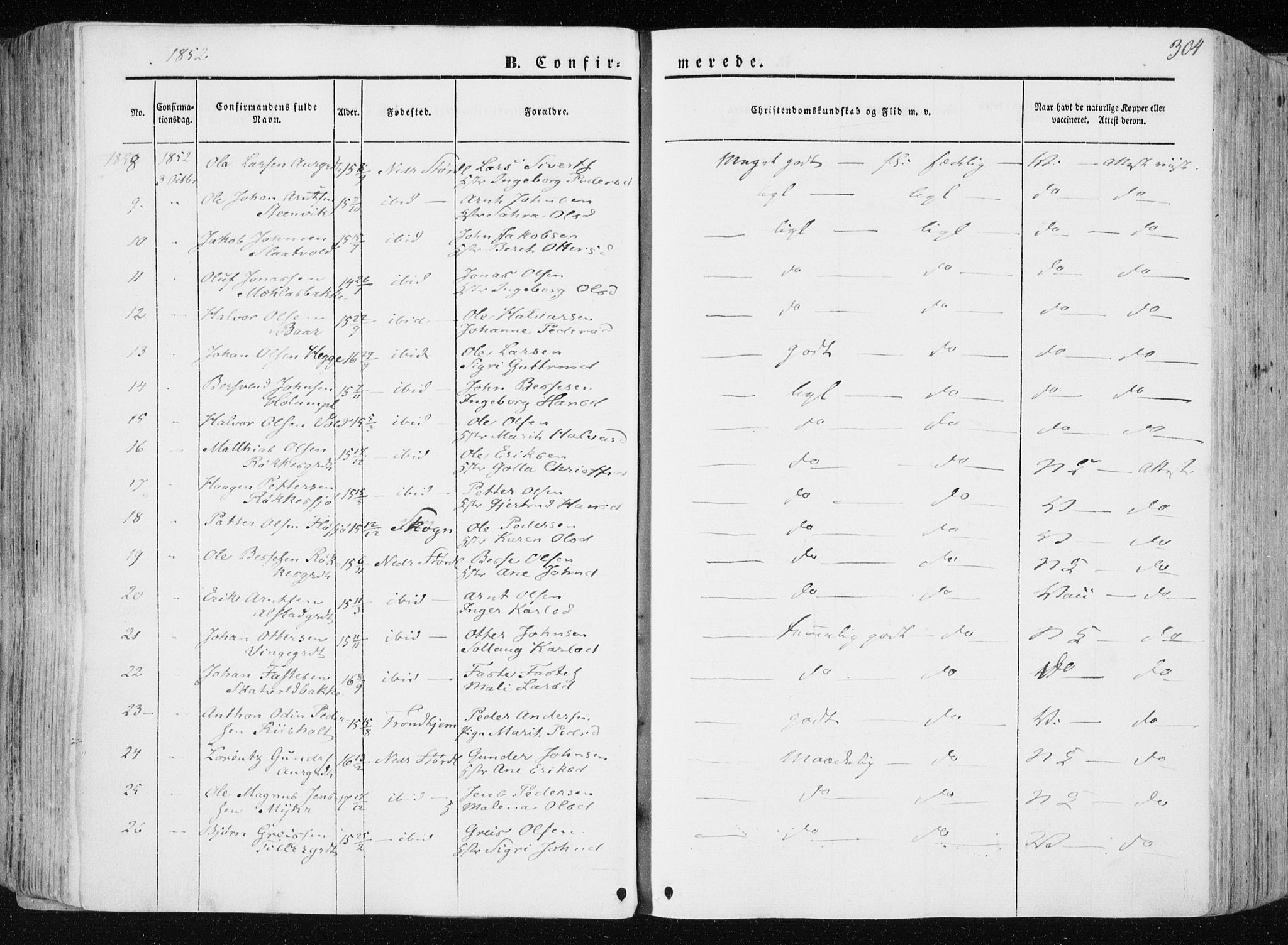 Ministerialprotokoller, klokkerbøker og fødselsregistre - Nord-Trøndelag, AV/SAT-A-1458/709/L0074: Parish register (official) no. 709A14, 1845-1858, p. 304