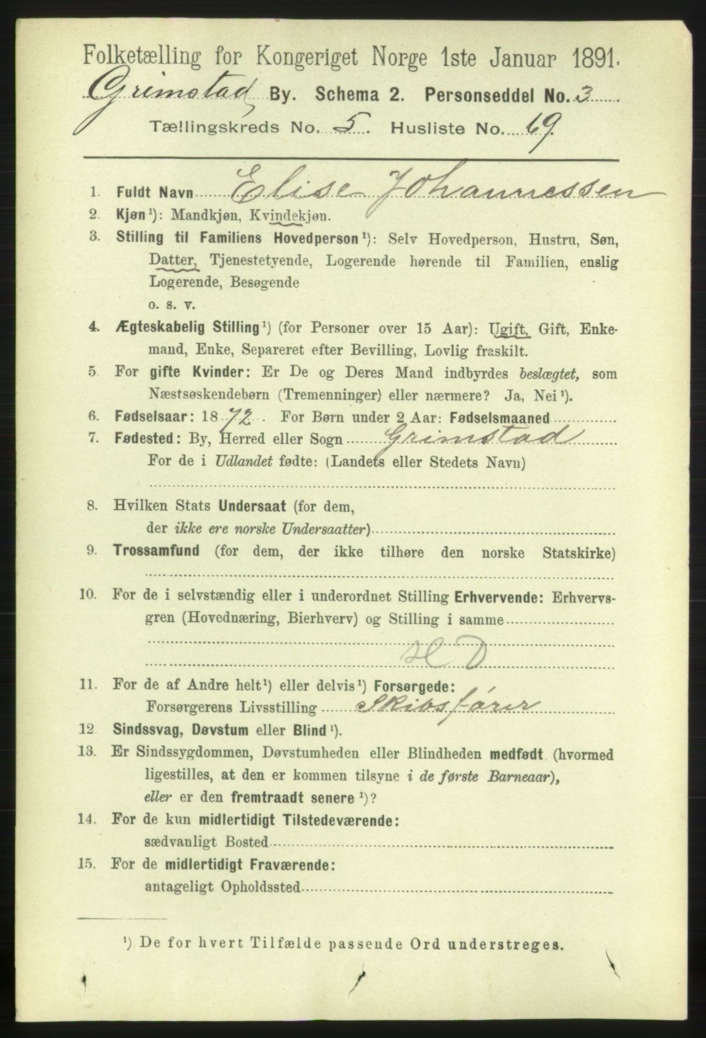 RA, 1891 census for 0904 Grimstad, 1891, p. 3599