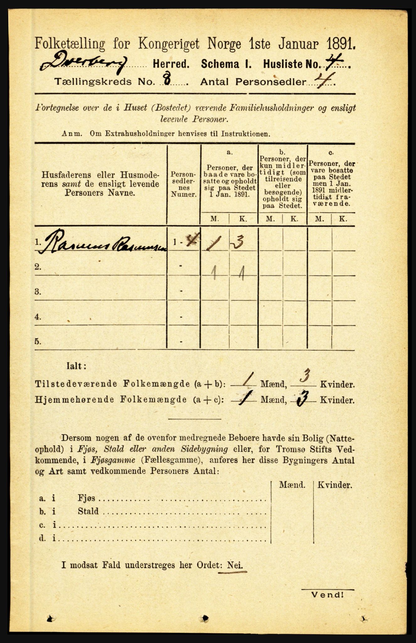 RA, 1891 census for 1872 Dverberg, 1891, p. 3052