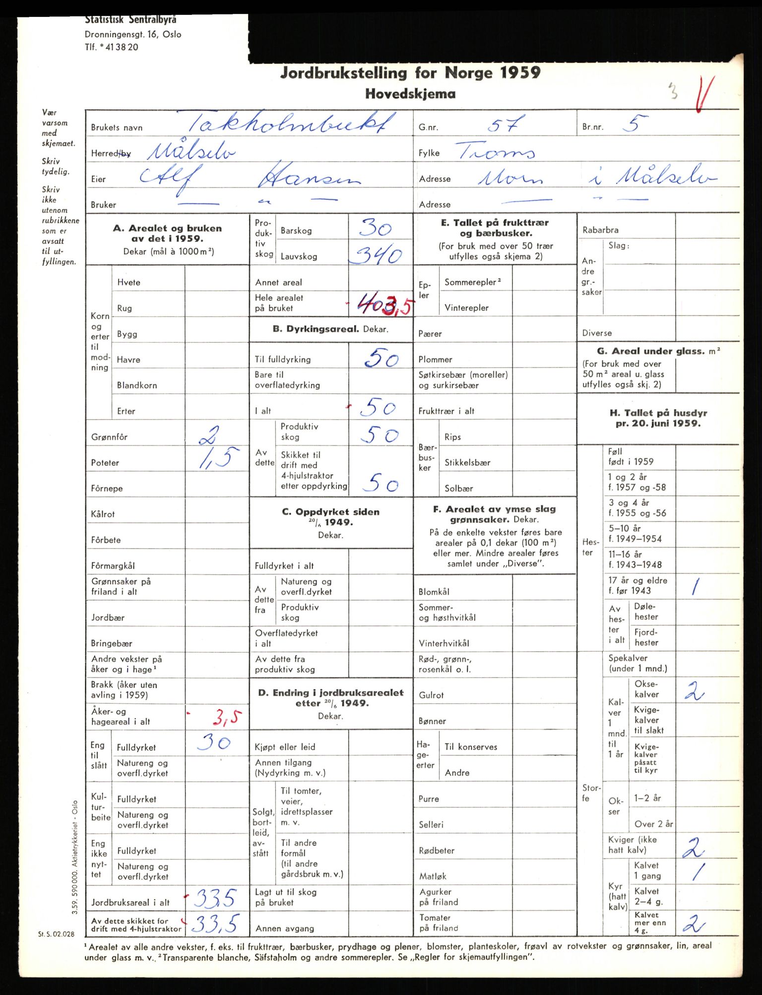 Statistisk sentralbyrå, Næringsøkonomiske emner, Jordbruk, skogbruk, jakt, fiske og fangst, AV/RA-S-2234/G/Gd/L0655: Troms: 1924 Målselv (kl. 4-10), 1959, p. 294