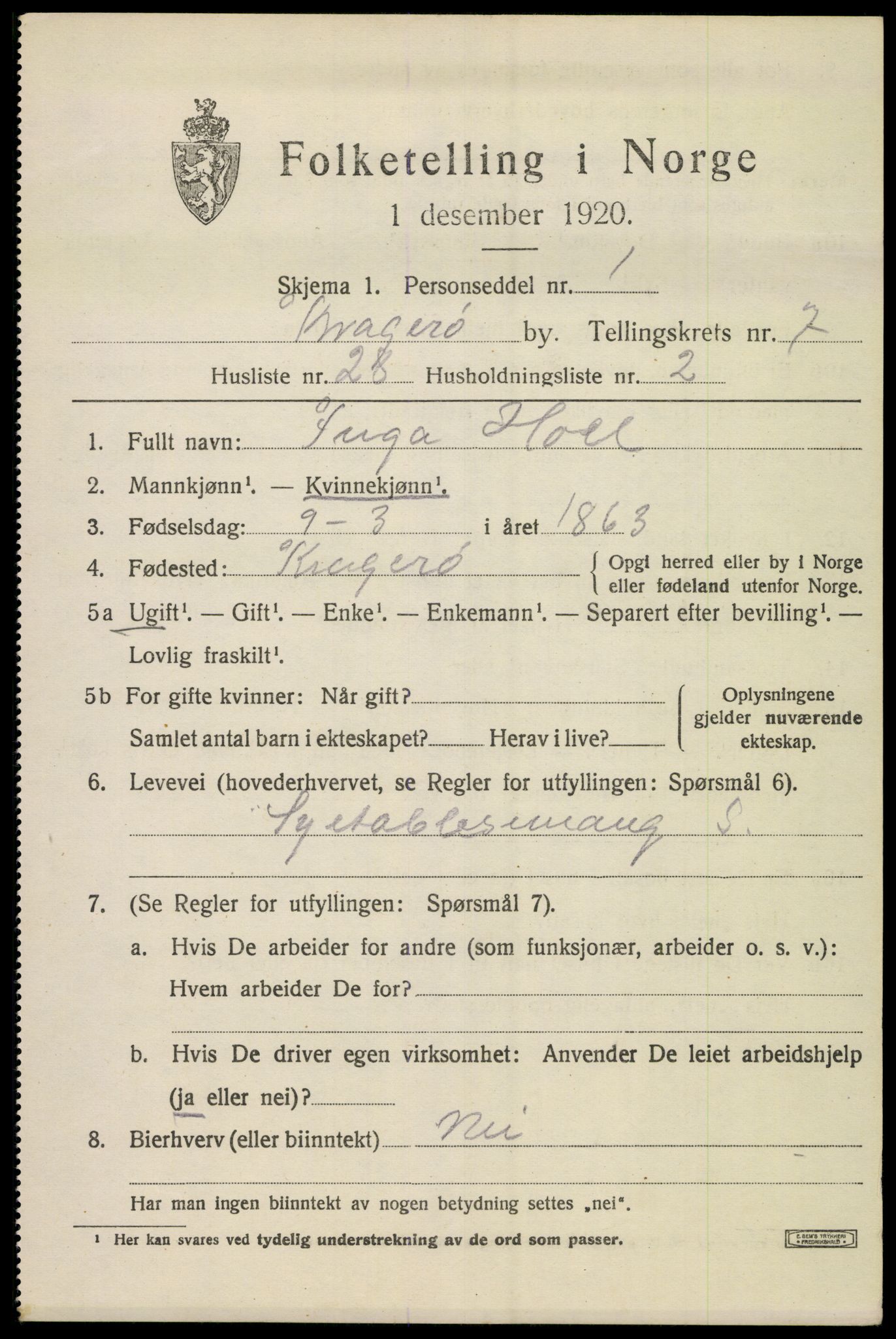 SAKO, 1920 census for Kragerø, 1920, p. 10011