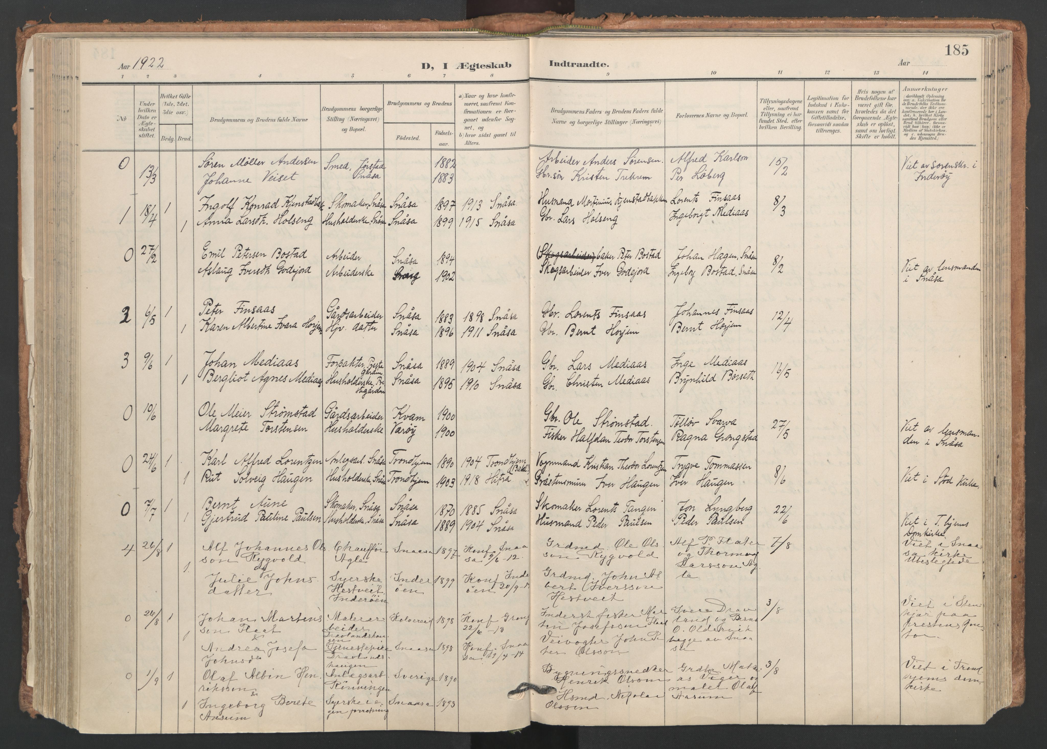 Ministerialprotokoller, klokkerbøker og fødselsregistre - Nord-Trøndelag, AV/SAT-A-1458/749/L0477: Parish register (official) no. 749A11, 1902-1927, p. 185