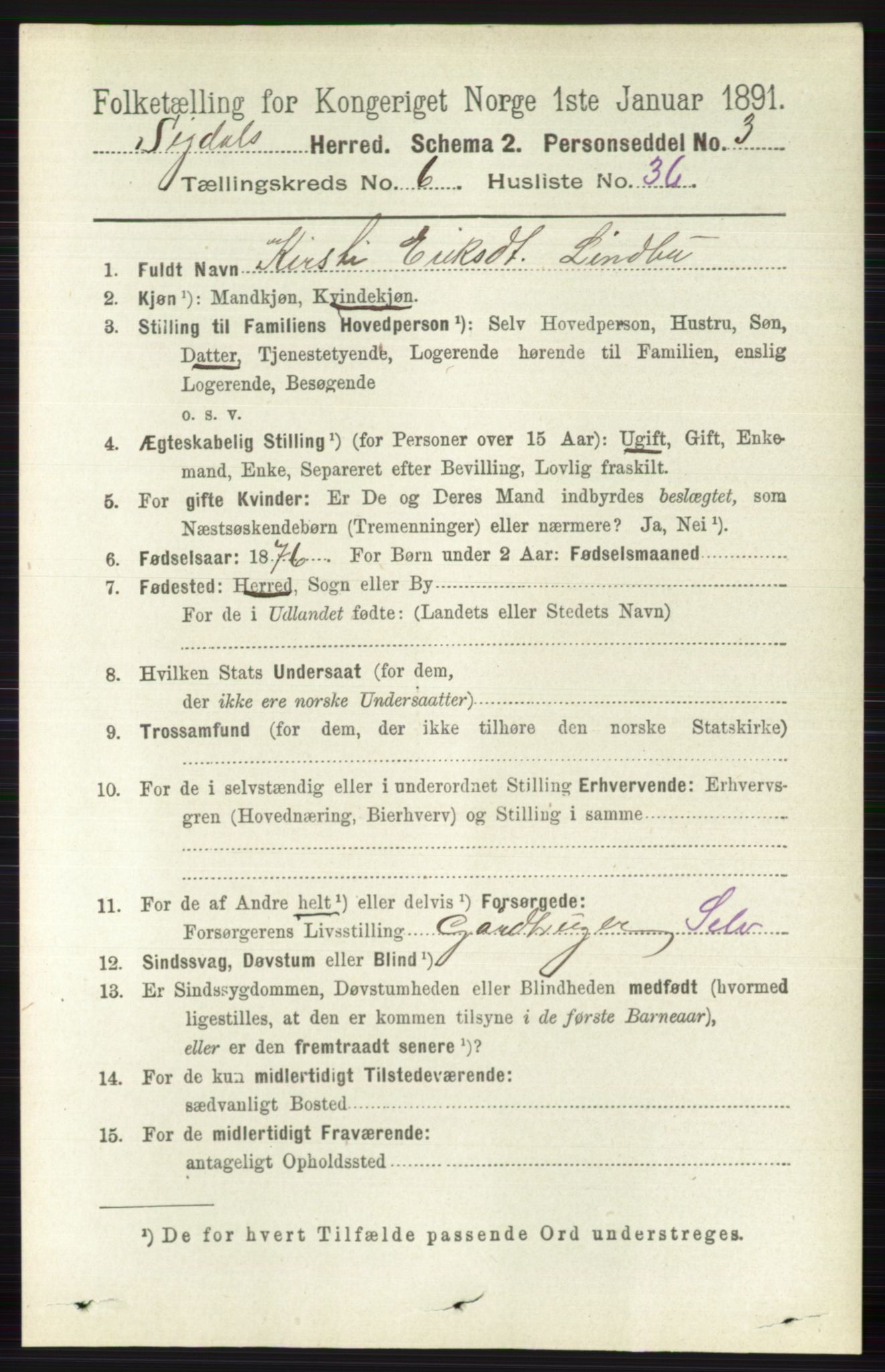 RA, 1891 census for 0621 Sigdal, 1891, p. 2618