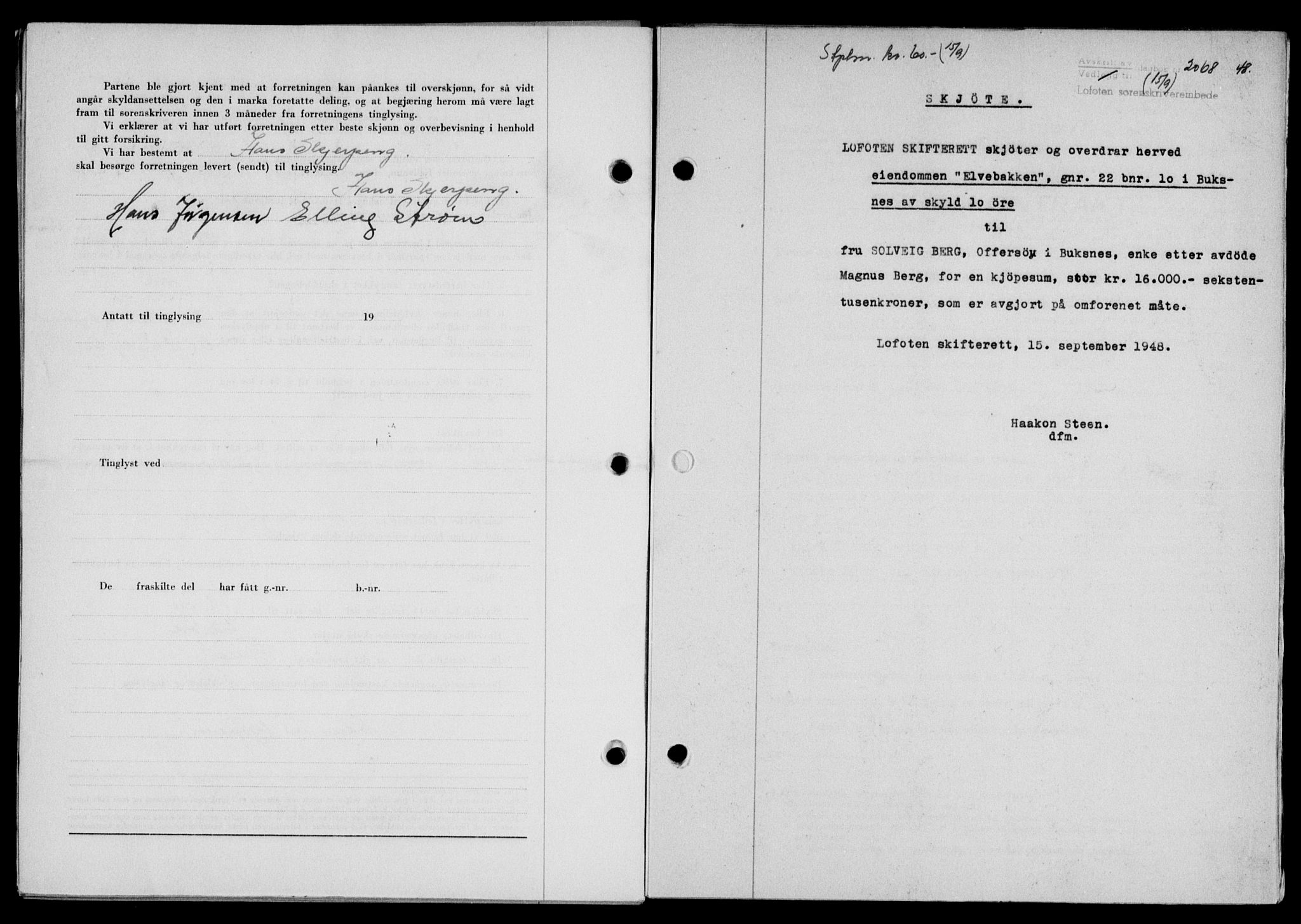 Lofoten sorenskriveri, SAT/A-0017/1/2/2C/L0019a: Mortgage book no. 19a, 1948-1948, Diary no: : 2068/1948