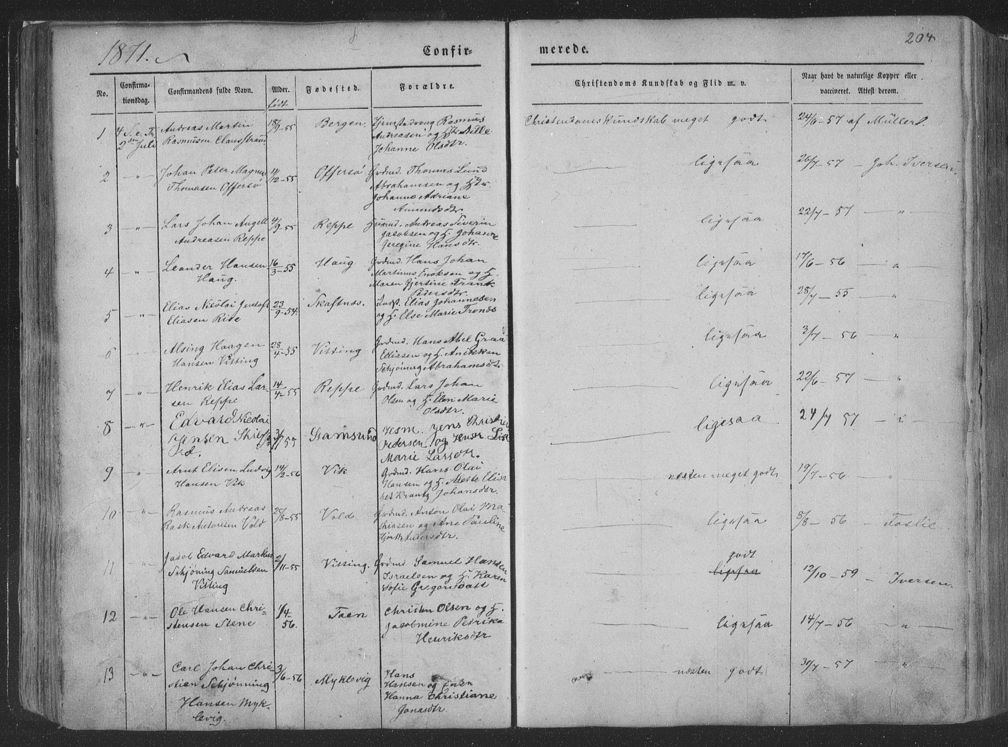 Ministerialprotokoller, klokkerbøker og fødselsregistre - Nordland, AV/SAT-A-1459/881/L1165: Parish register (copy) no. 881C02, 1854-1876, p. 204