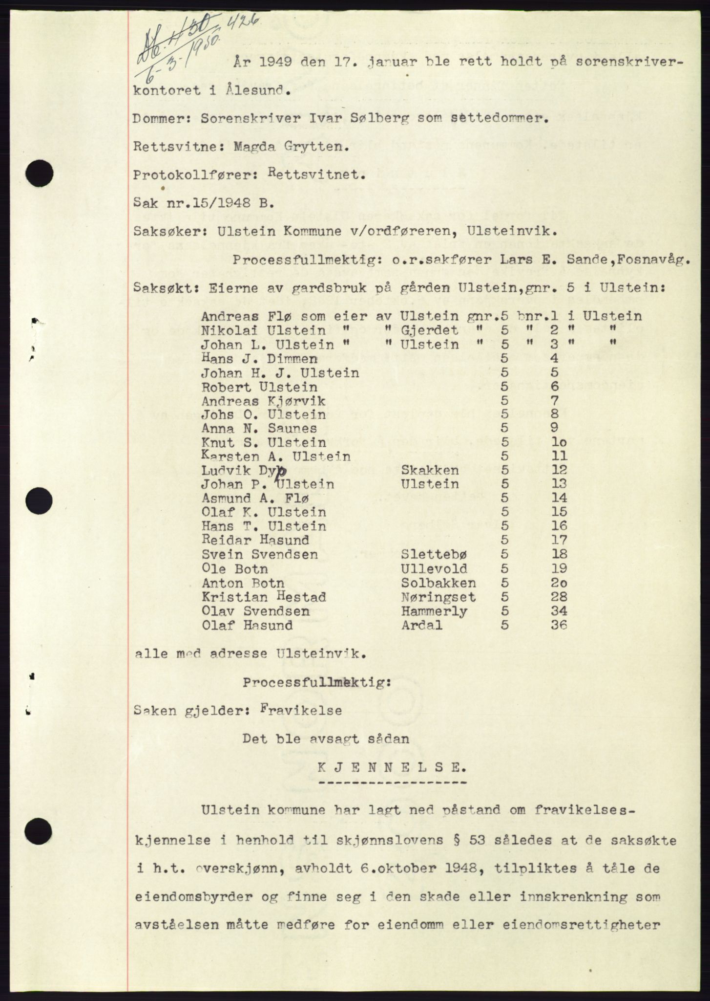 Søre Sunnmøre sorenskriveri, AV/SAT-A-4122/1/2/2C/L0086: Mortgage book no. 12A, 1949-1950, Diary no: : 426/1950