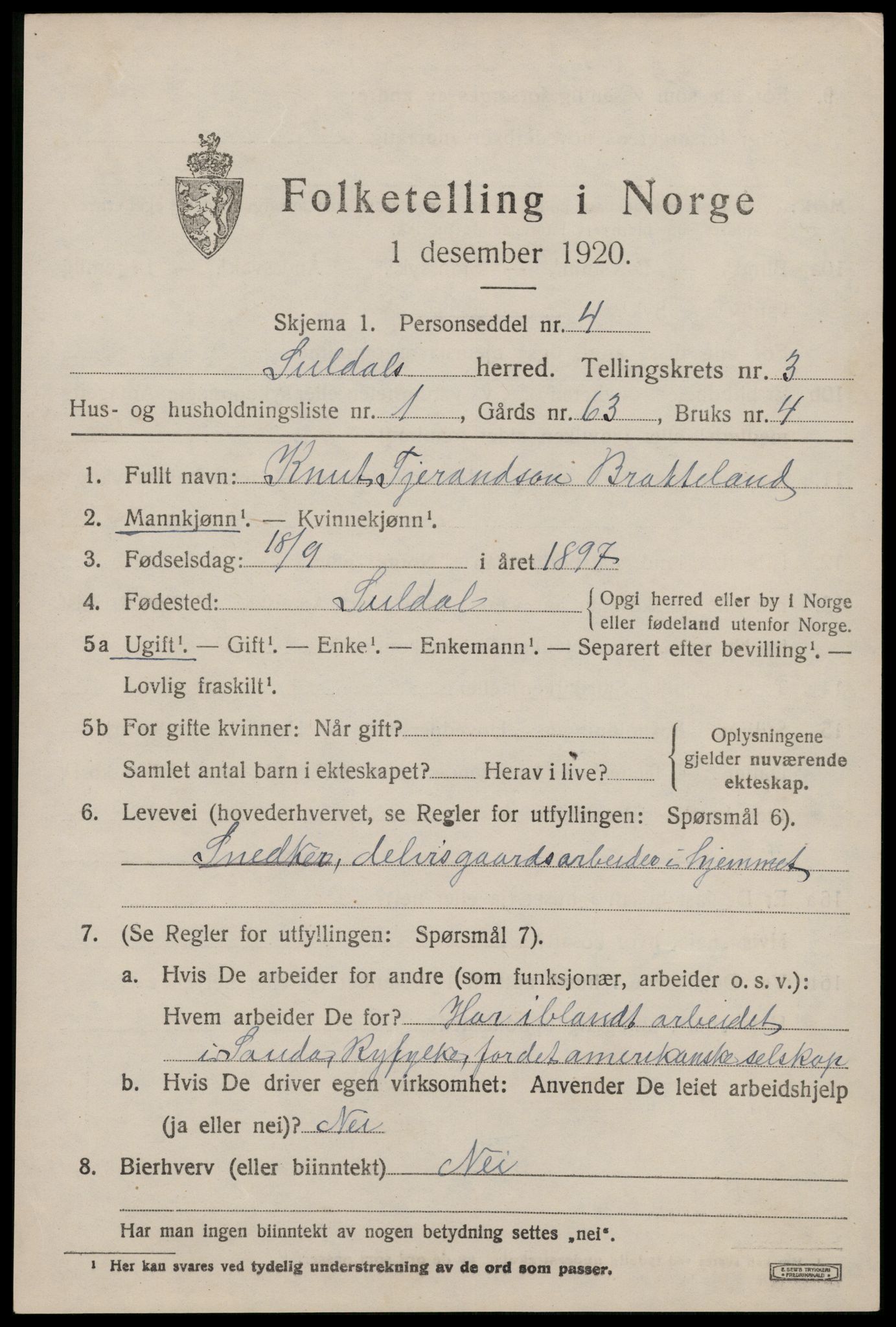 SAST, 1920 census for Suldal, 1920, p. 914