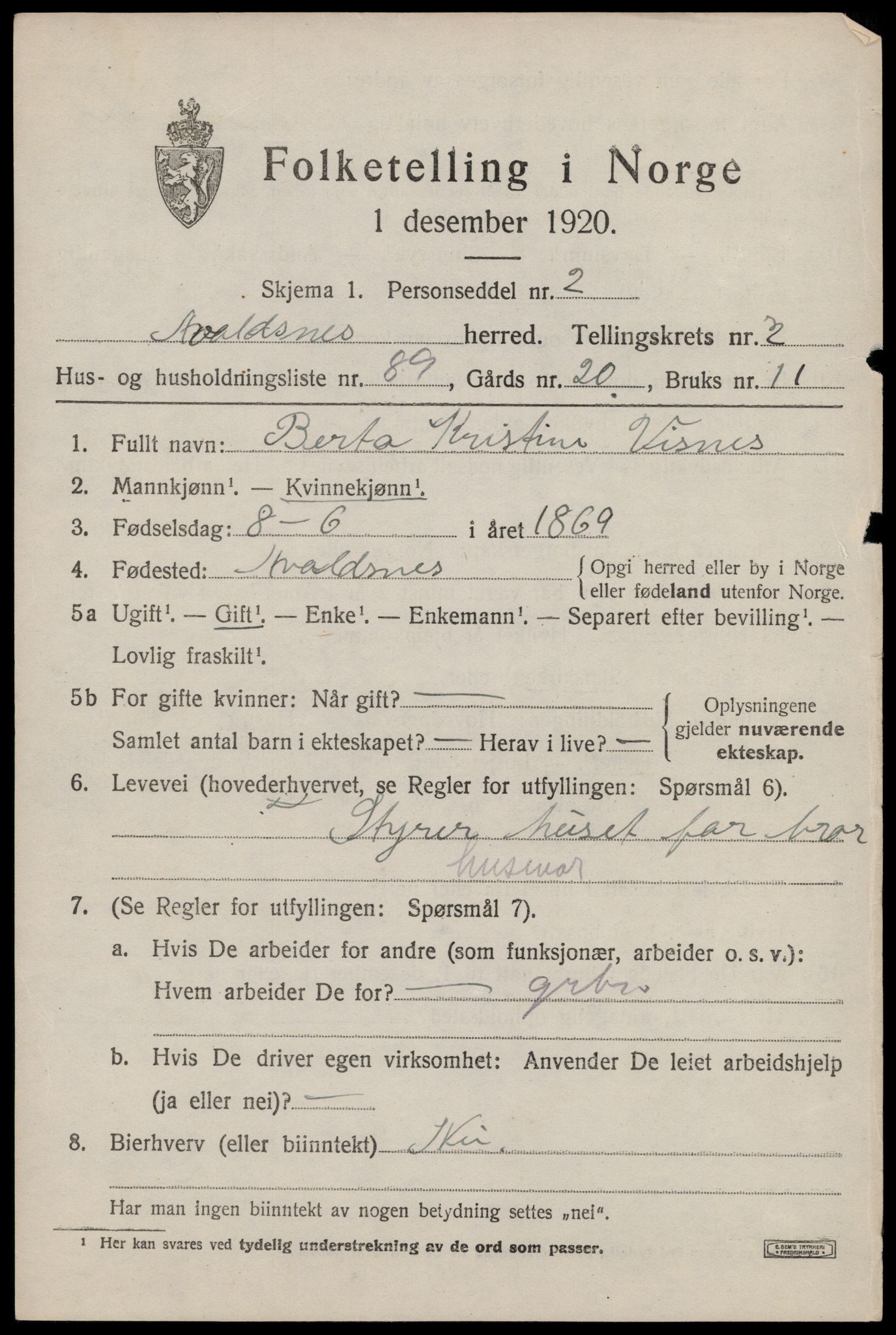 SAST, 1920 census for Avaldsnes, 1920, p. 2845