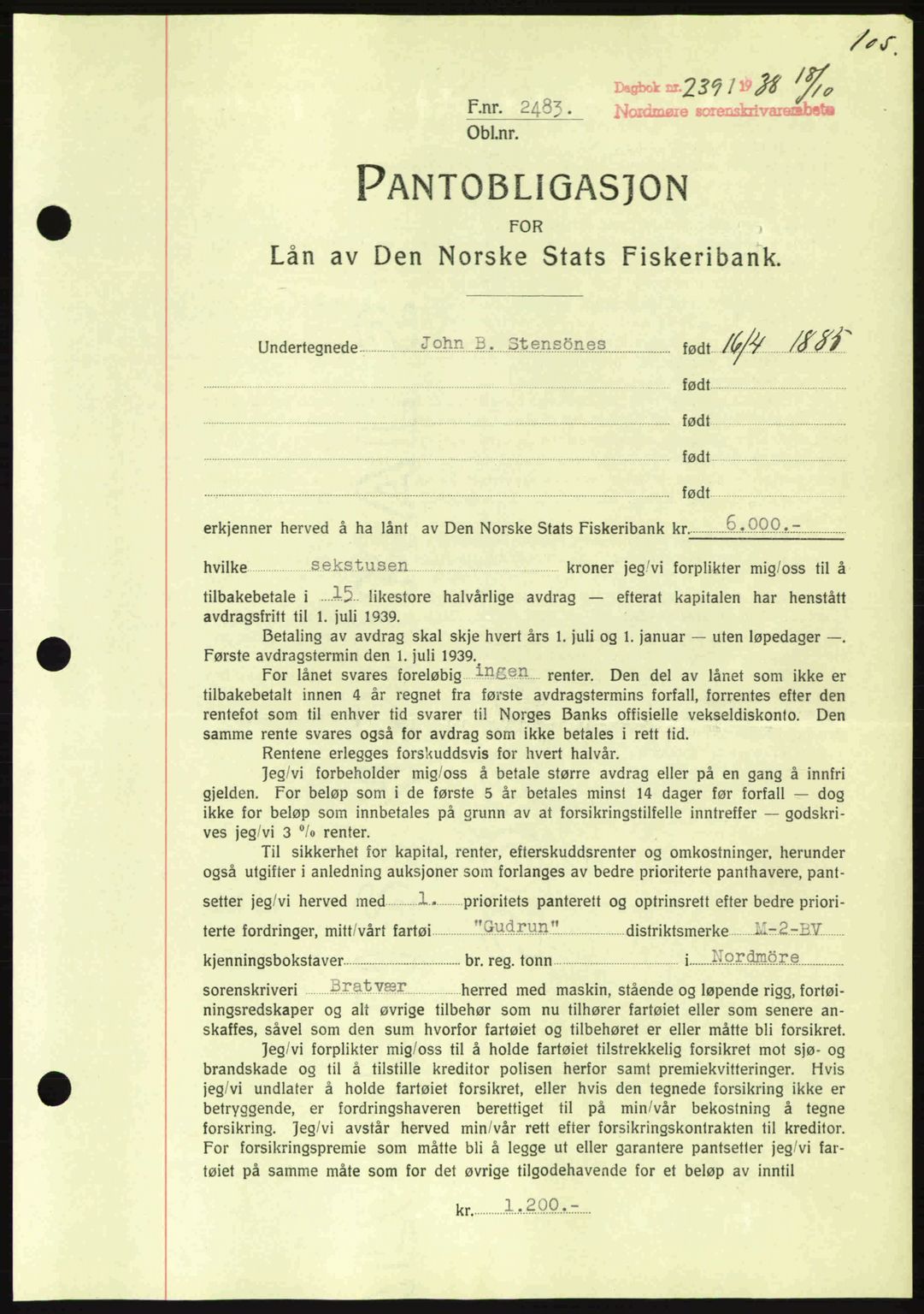 Nordmøre sorenskriveri, SAT/A-4132/1/2/2Ca: Mortgage book no. B84, 1938-1939, Diary no: : 2391/1938