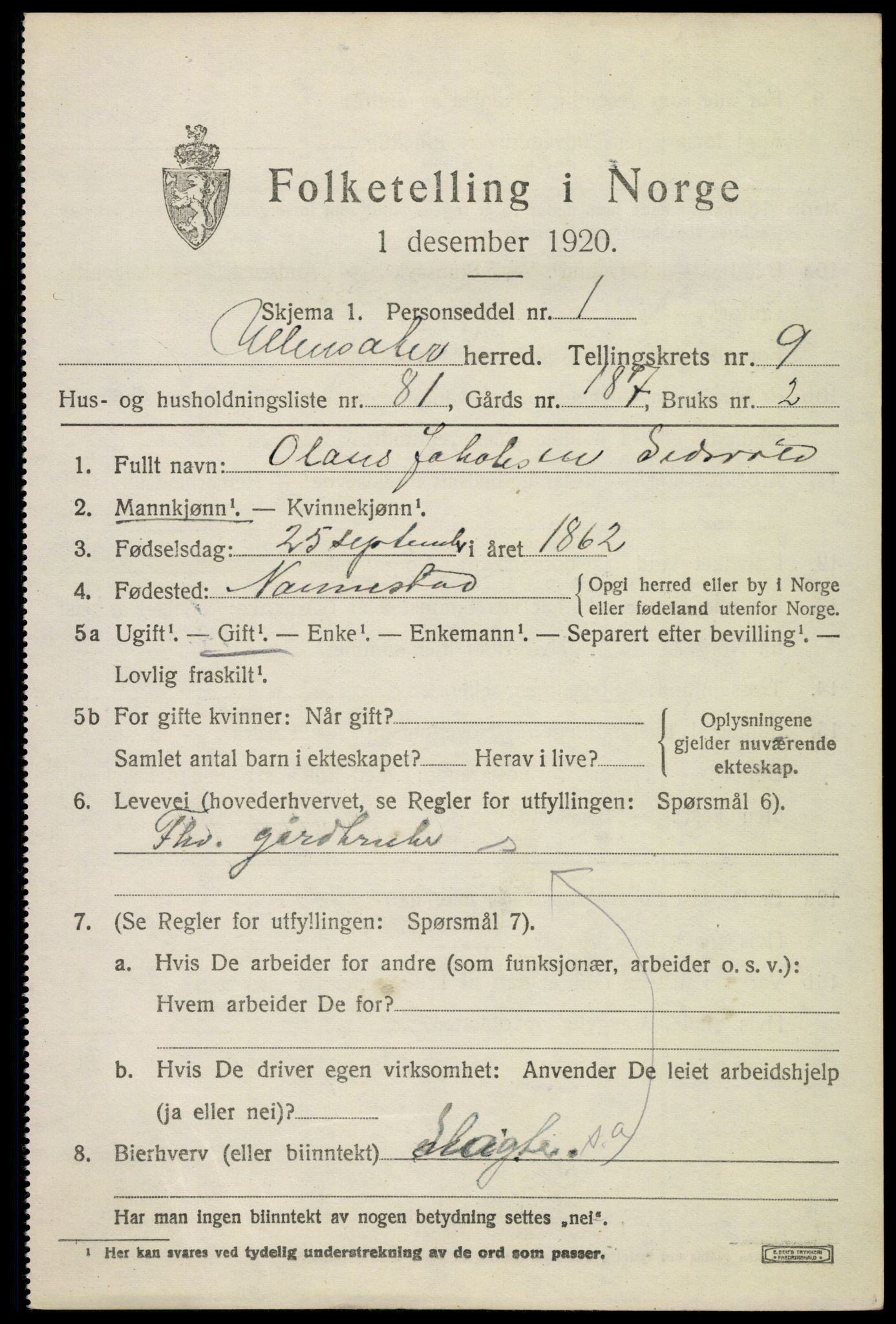 SAO, 1920 census for Ullensaker, 1920, p. 16185