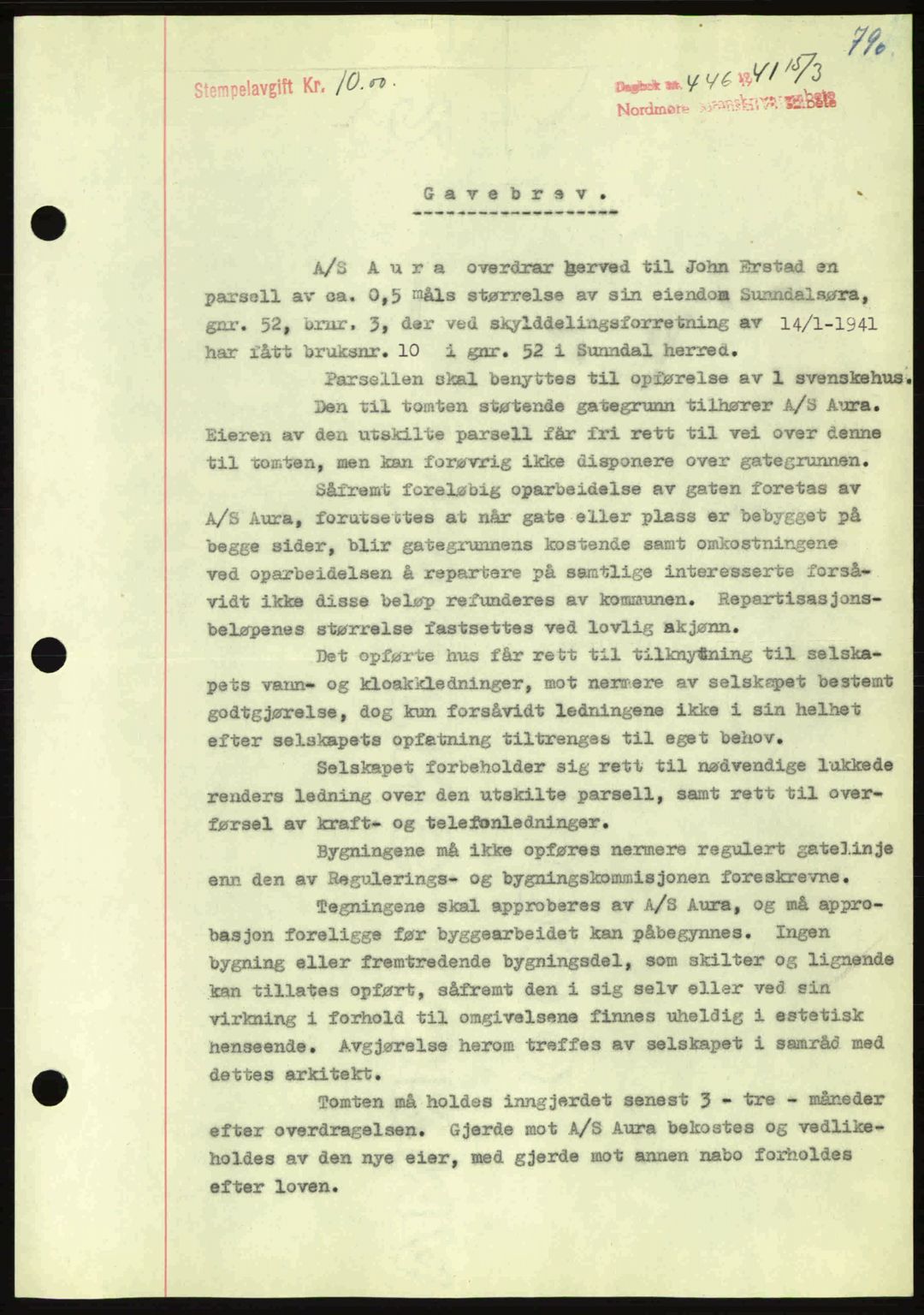 Nordmøre sorenskriveri, SAT/A-4132/1/2/2Ca: Mortgage book no. A89, 1940-1941, Diary no: : 446/1941