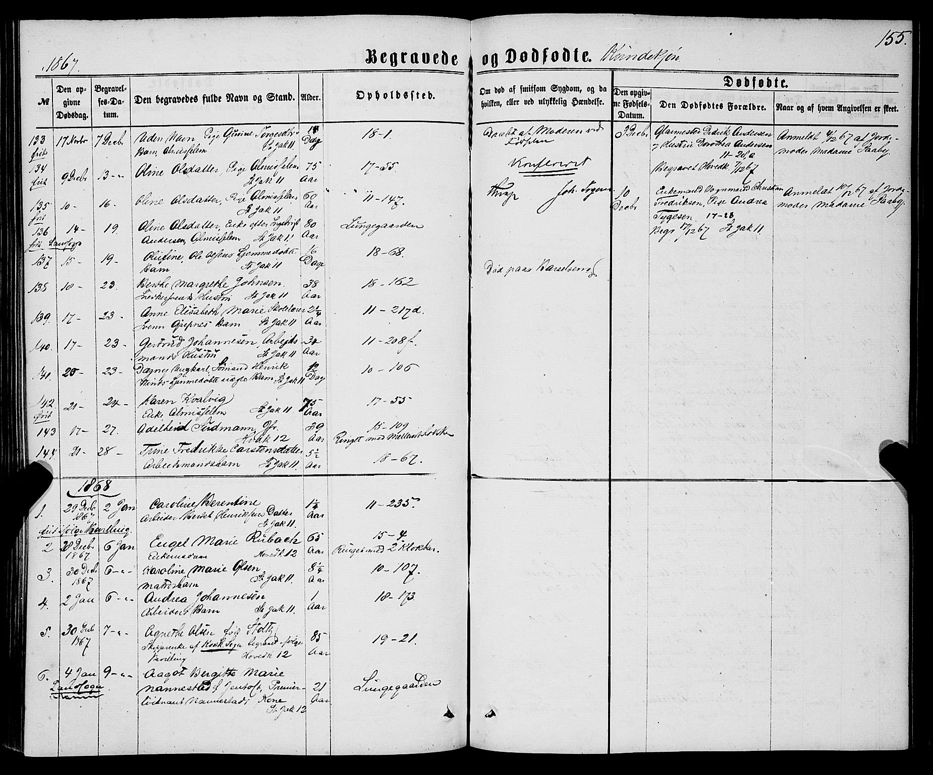Domkirken sokneprestembete, SAB/A-74801/H/Haa/L0042: Parish register (official) no. E 3, 1863-1876, p. 155