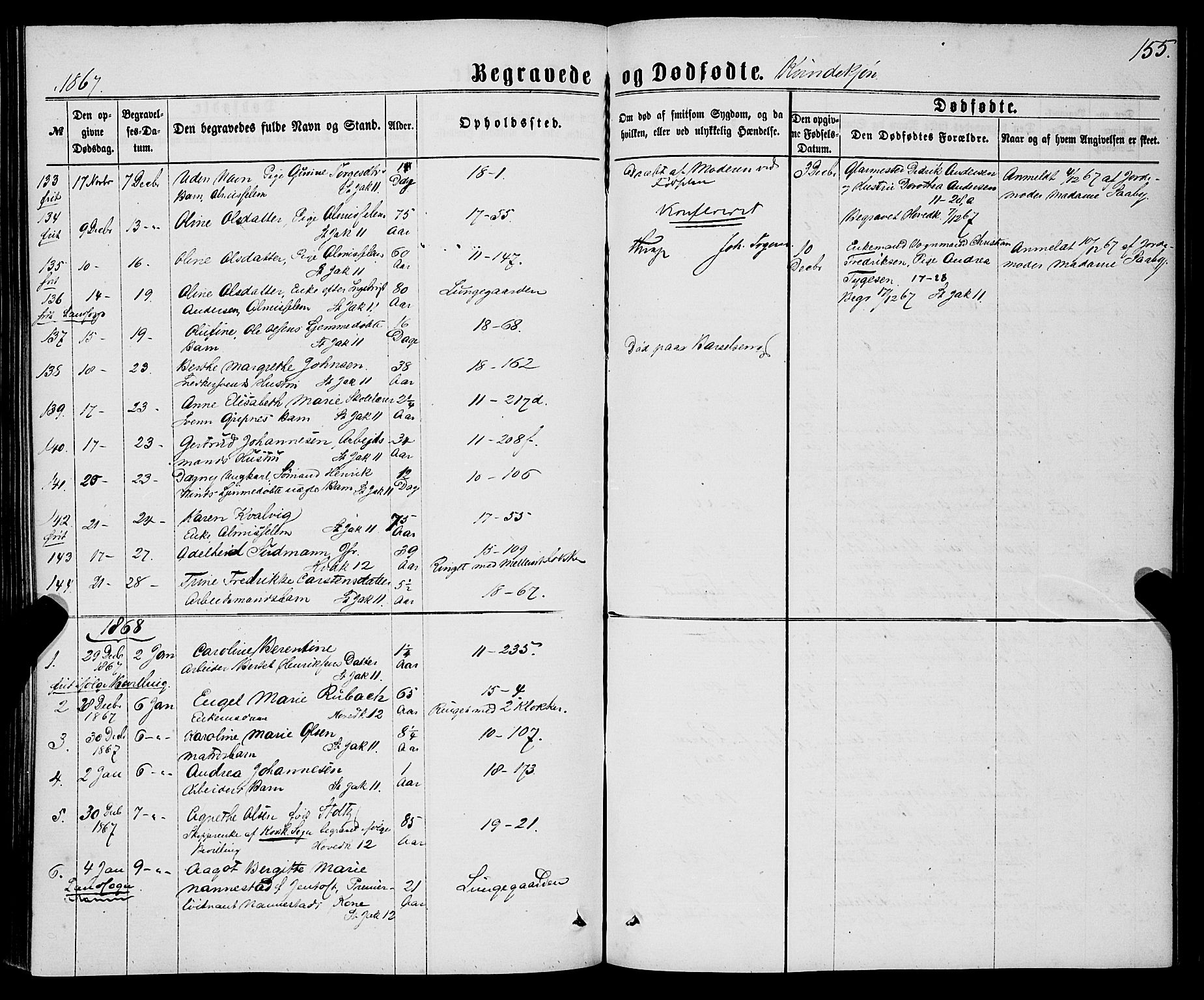 Domkirken sokneprestembete, AV/SAB-A-74801/H/Haa/L0042: Parish register (official) no. E 3, 1863-1876, p. 155