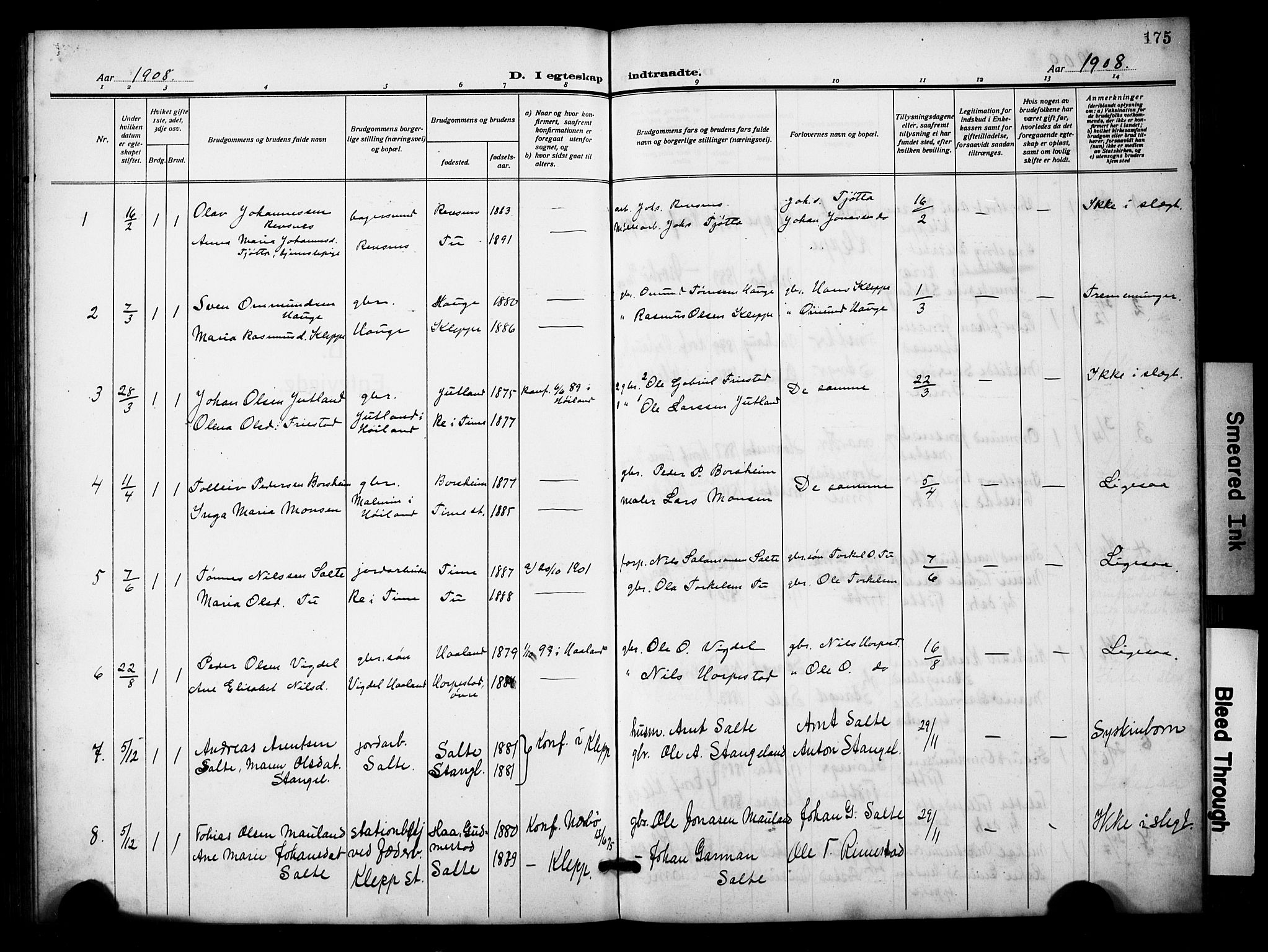 Klepp sokneprestkontor, AV/SAST-A-101803/001/3/30BB/L0007: Parish register (copy) no. B 7, 1908-1934, p. 175