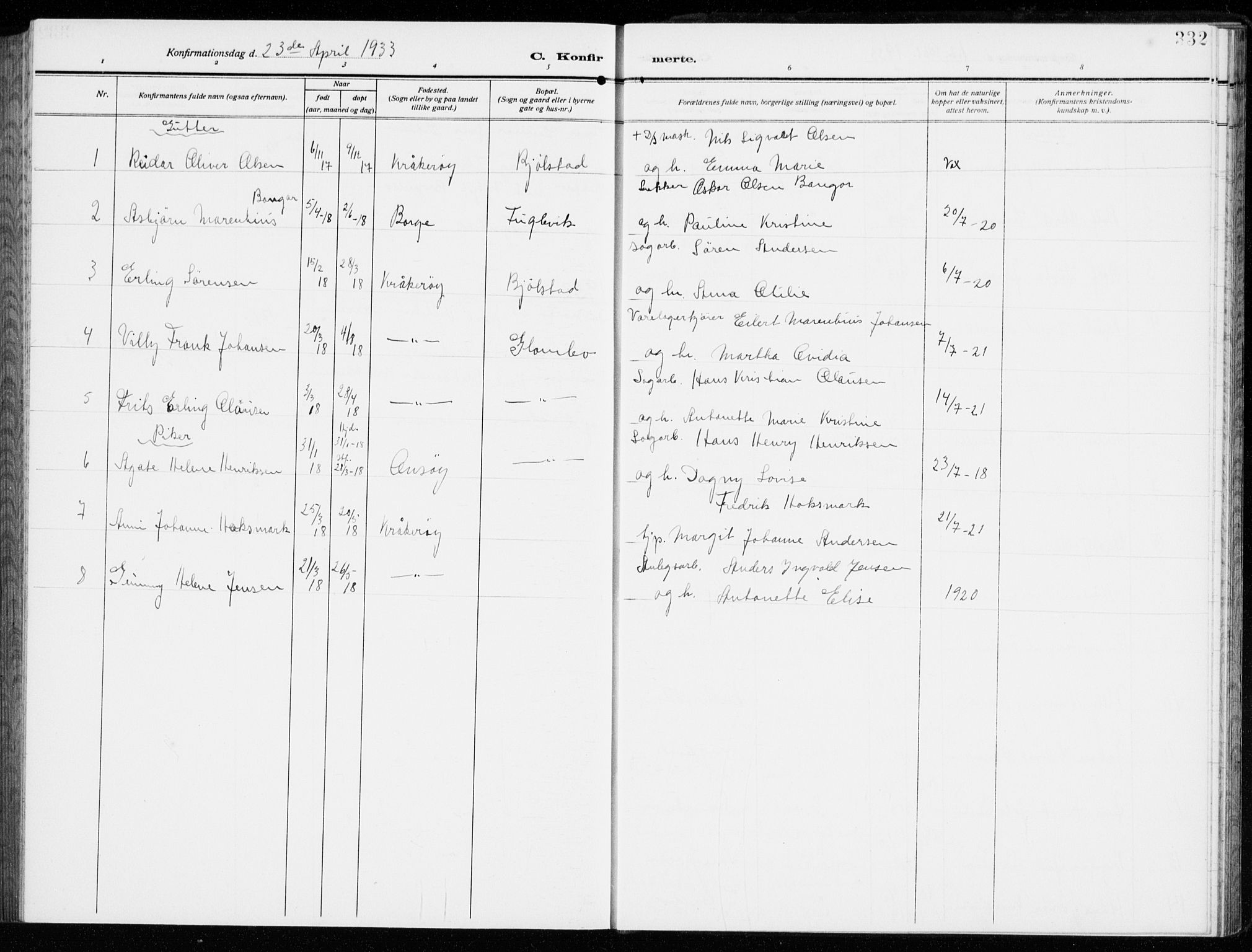 Kråkerøy prestekontor Kirkebøker, AV/SAO-A-10912/G/Ga/L0001: Parish register (copy) no. 1, 1908-1944, p. 332