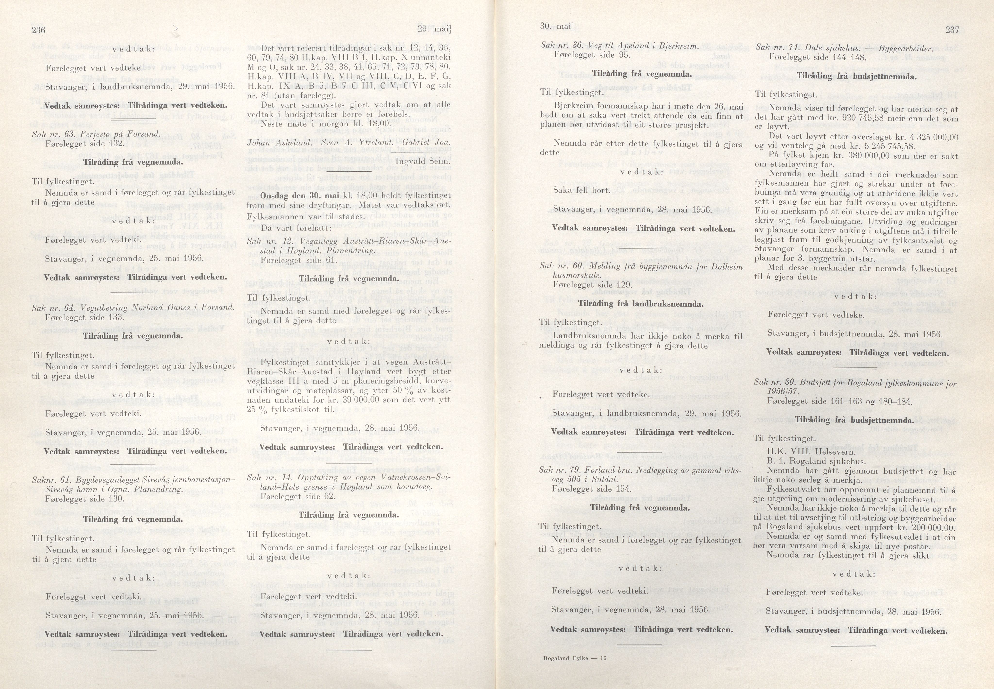 Rogaland fylkeskommune - Fylkesrådmannen , IKAR/A-900/A/Aa/Aaa/L0075: Møtebok , 1956, p. 236-237