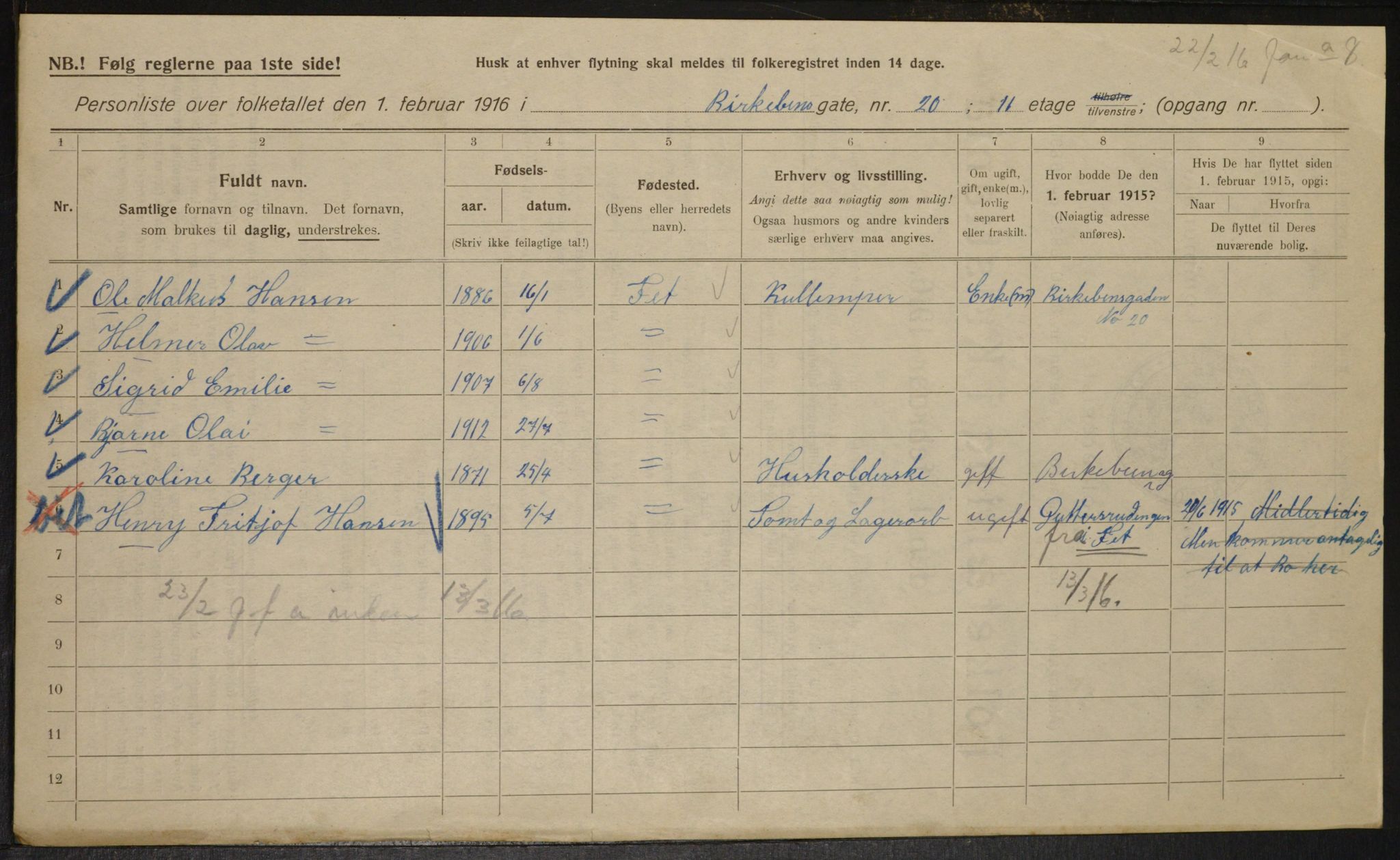 OBA, Municipal Census 1916 for Kristiania, 1916, p. 5092