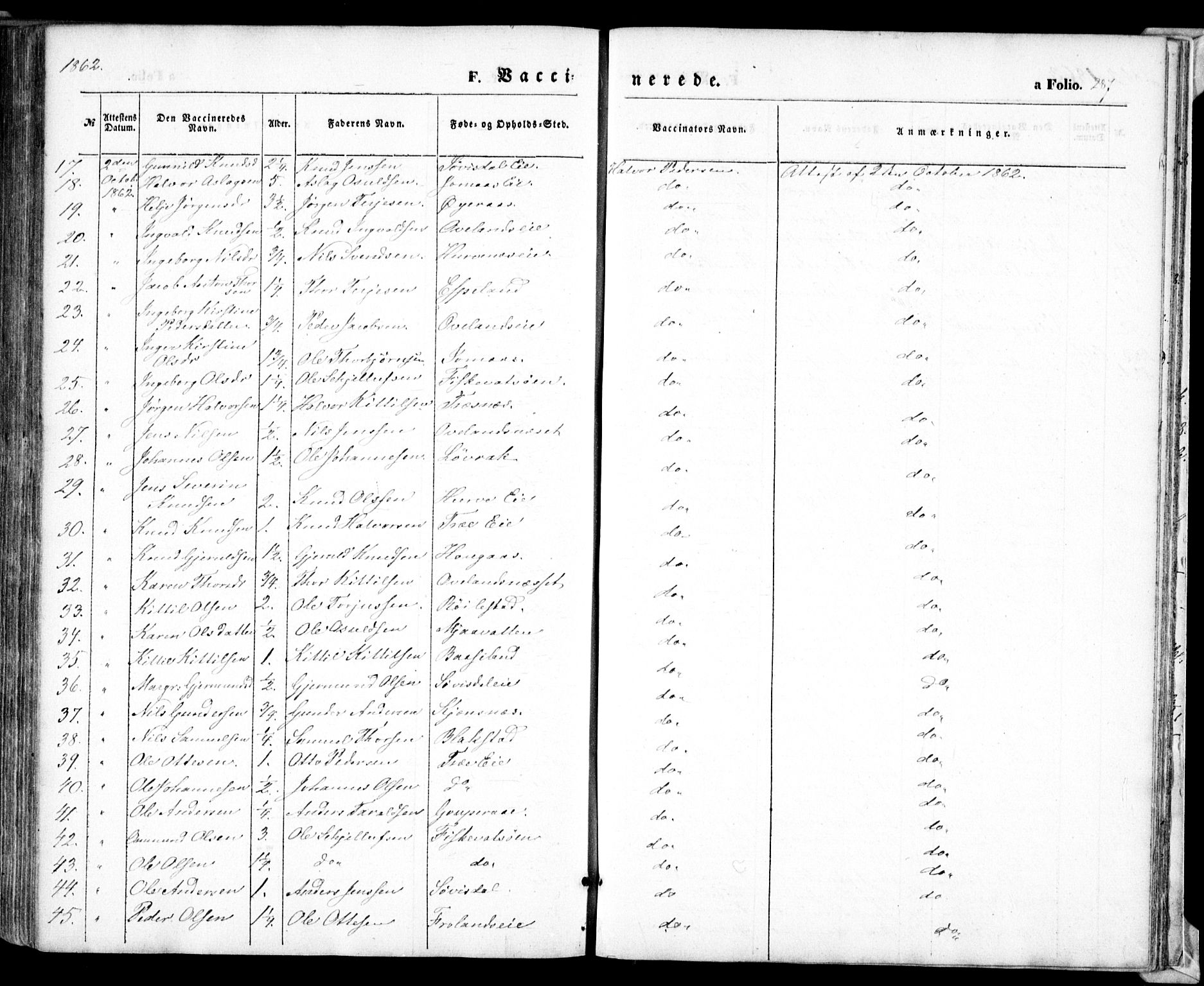 Froland sokneprestkontor, SAK/1111-0013/F/Fa/L0002: Parish register (official) no. A 2, 1845-1863, p. 287