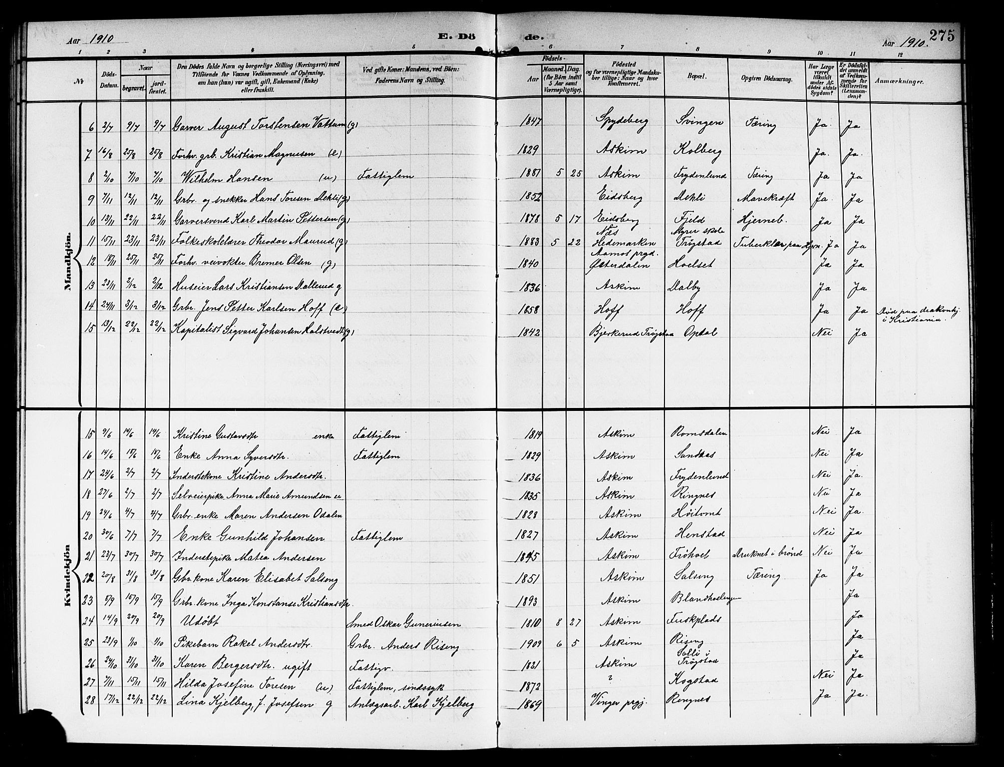 Askim prestekontor Kirkebøker, AV/SAO-A-10900/G/Ga/L0002: Parish register (copy) no. 2, 1903-1921, p. 275