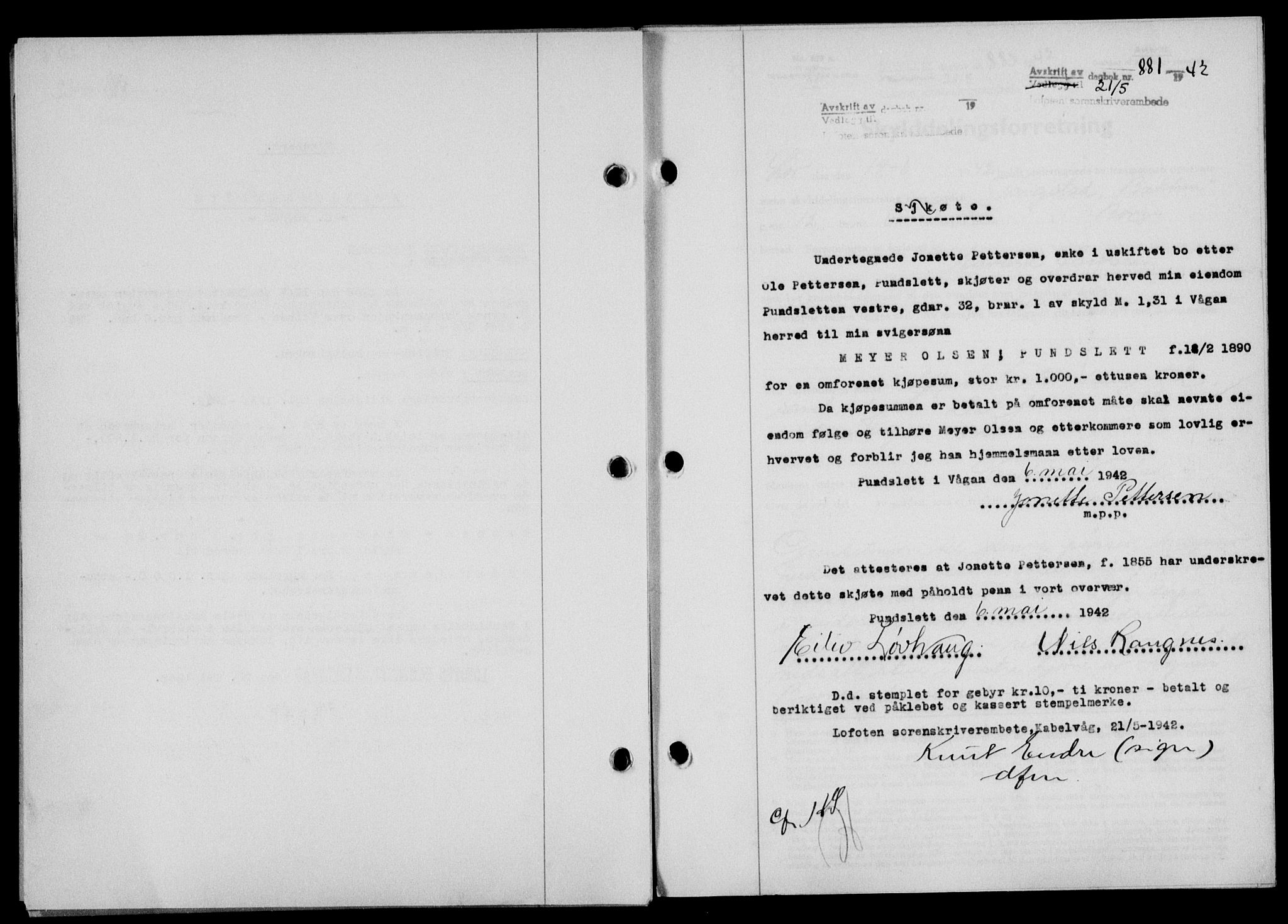 Lofoten sorenskriveri, SAT/A-0017/1/2/2C/L0009a: Mortgage book no. 9a, 1941-1942, Diary no: : 881/1942