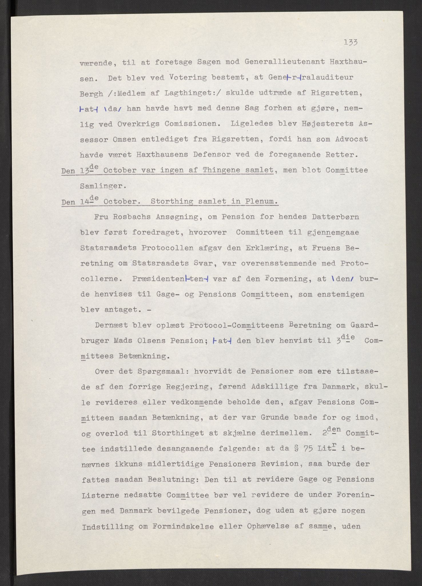 Manuskriptsamlingen, AV/RA-EA-3667/F/L0197: Wetlesen, Hans Jørgen (stortingsmann, ingeniørkaptein); Referat fra Stortinget 1815-1816, 1815-1816, p. 133