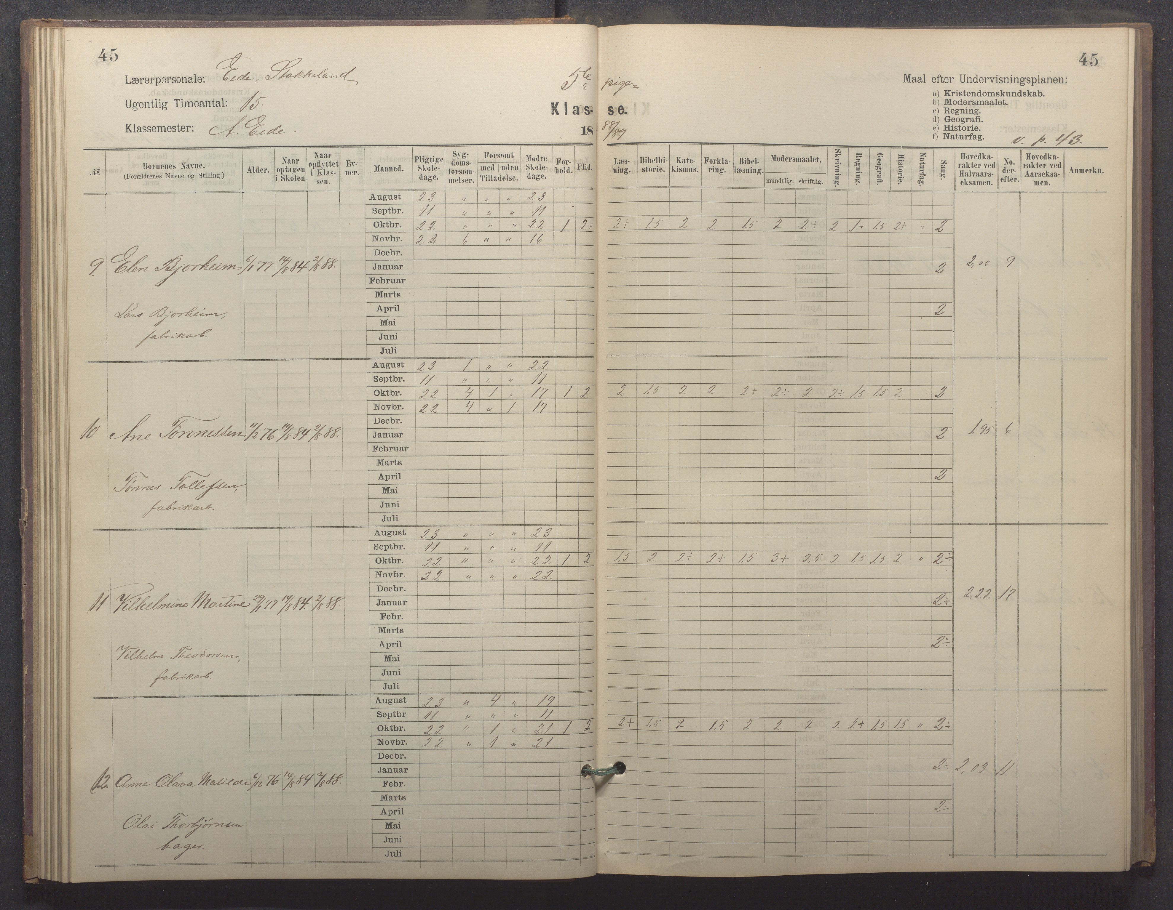 Egersund kommune (Ladested) - Egersund almueskole/folkeskole, IKAR/K-100521/H/L0022: Skoleprotokoll - Almueskolen, 5. klasse, 1886-1892, p. 45