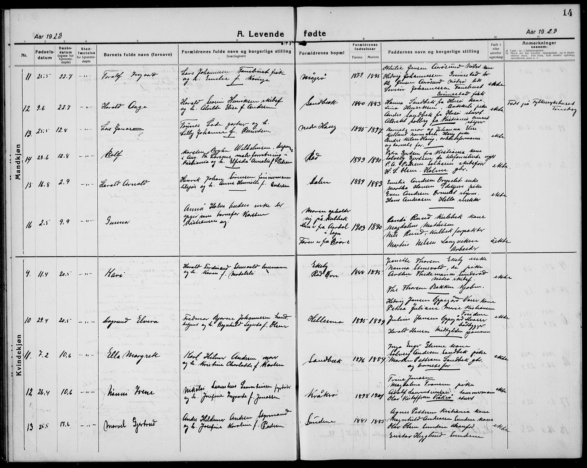 Tjøme kirkebøker, AV/SAKO-A-328/G/Ga/L0003: Parish register (copy) no. I 3, 1921-1935, p. 14