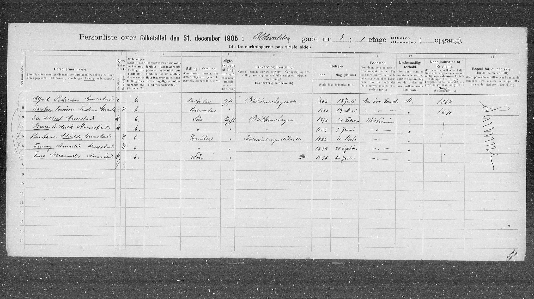OBA, Municipal Census 1905 for Kristiania, 1905, p. 39237