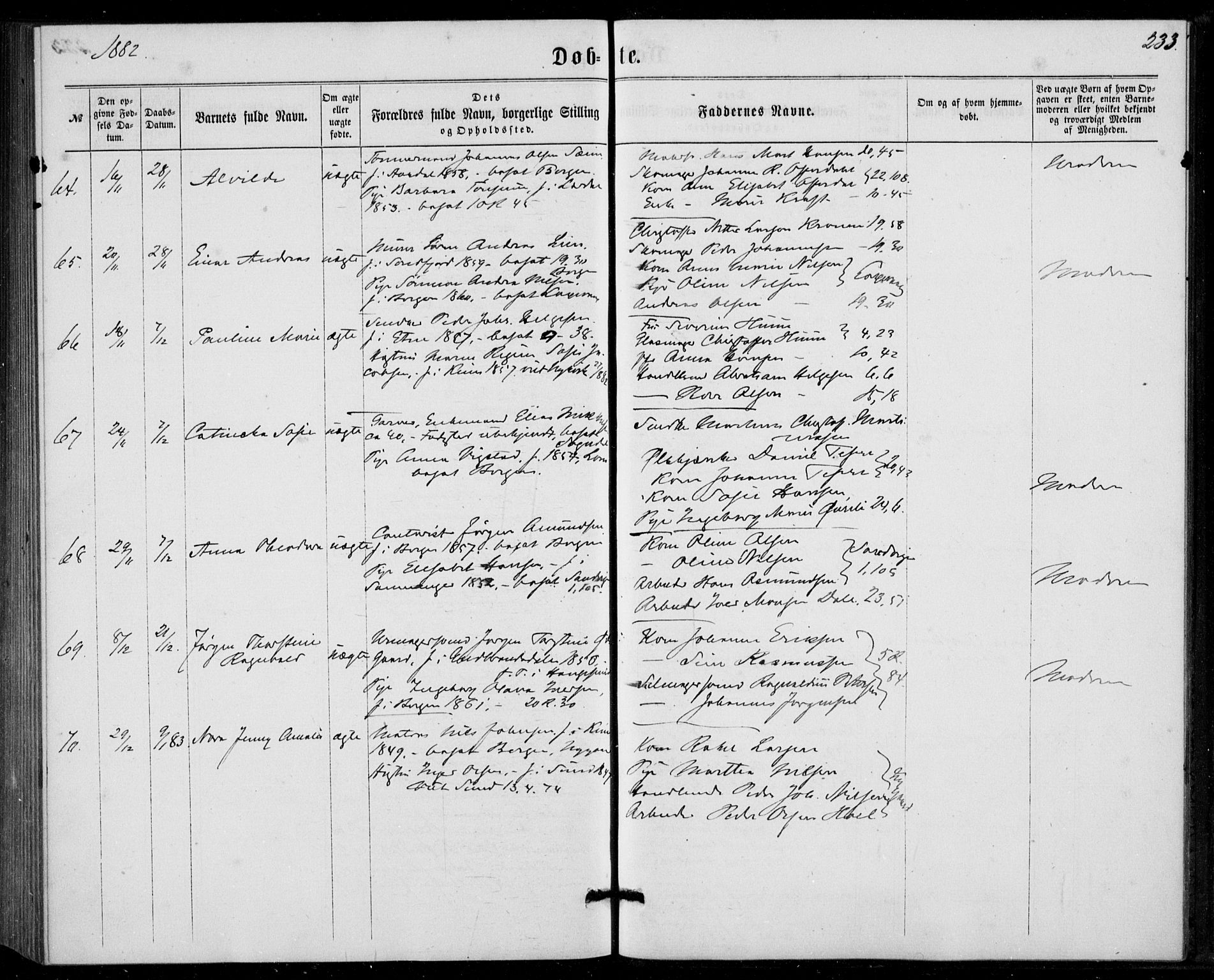 Fødselsstiftelsens sokneprestembete, ført av overlegen*, SAB/-: Parish register (official) no. A 1, 1863-1883, p. 233