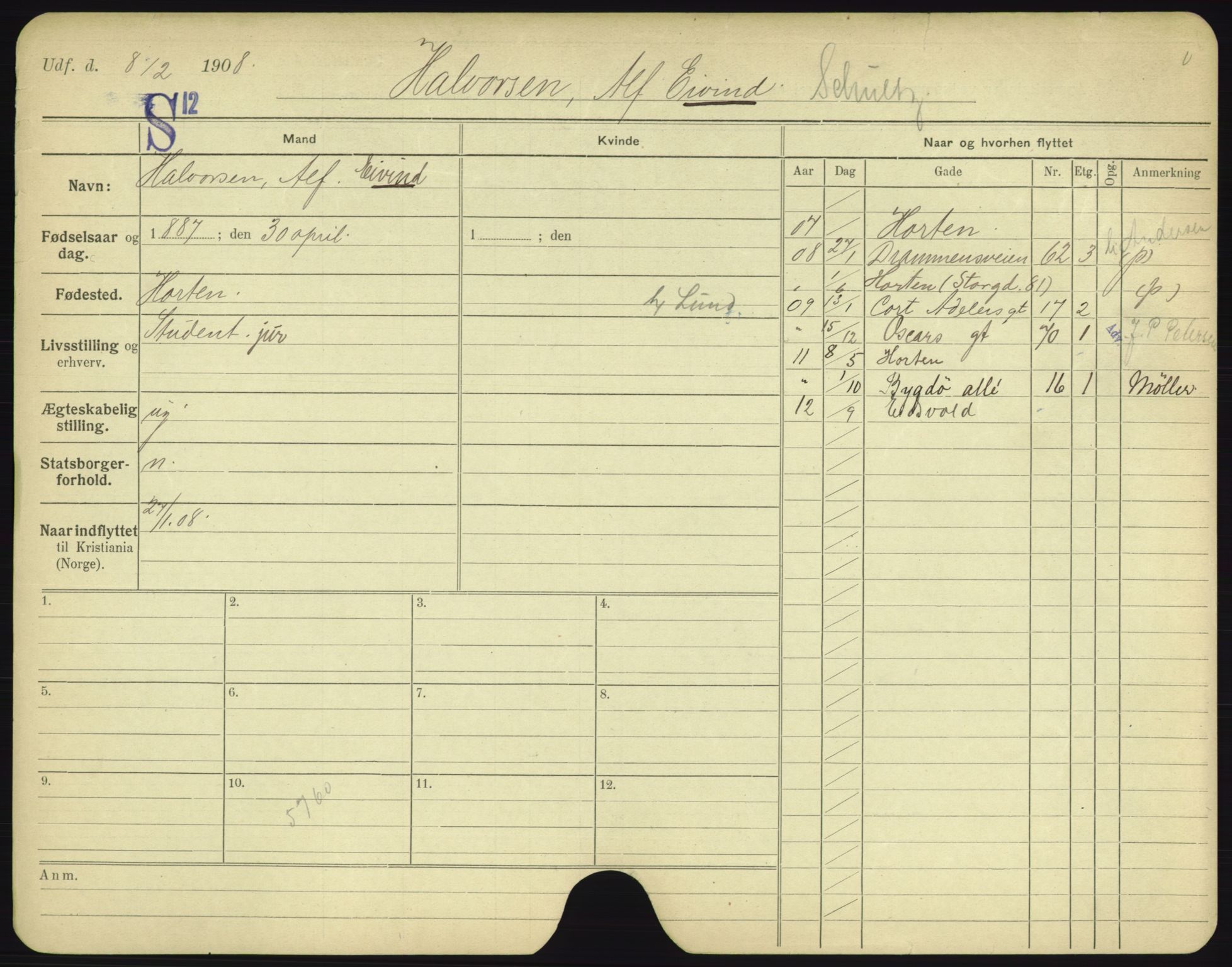 Oslo folkeregister, Registerkort, AV/SAO-A-11715/F/Fa/Fac/L0003: Menn, 1906-1914, p. 1096a