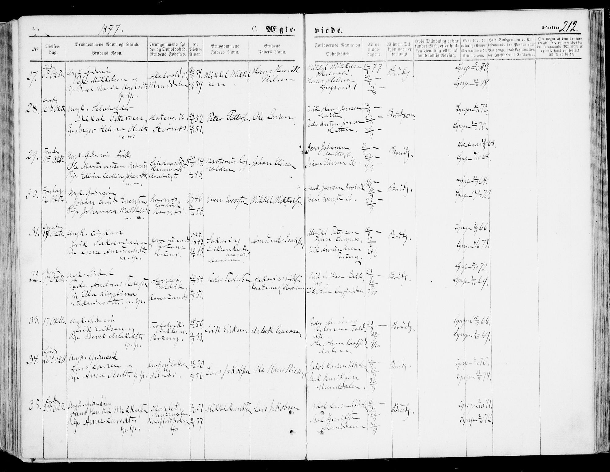 Lyngen sokneprestembete, SATØ/S-1289/H/He/Hea/L0006kirke: Parish register (official) no. 6, 1870-1878, p. 212