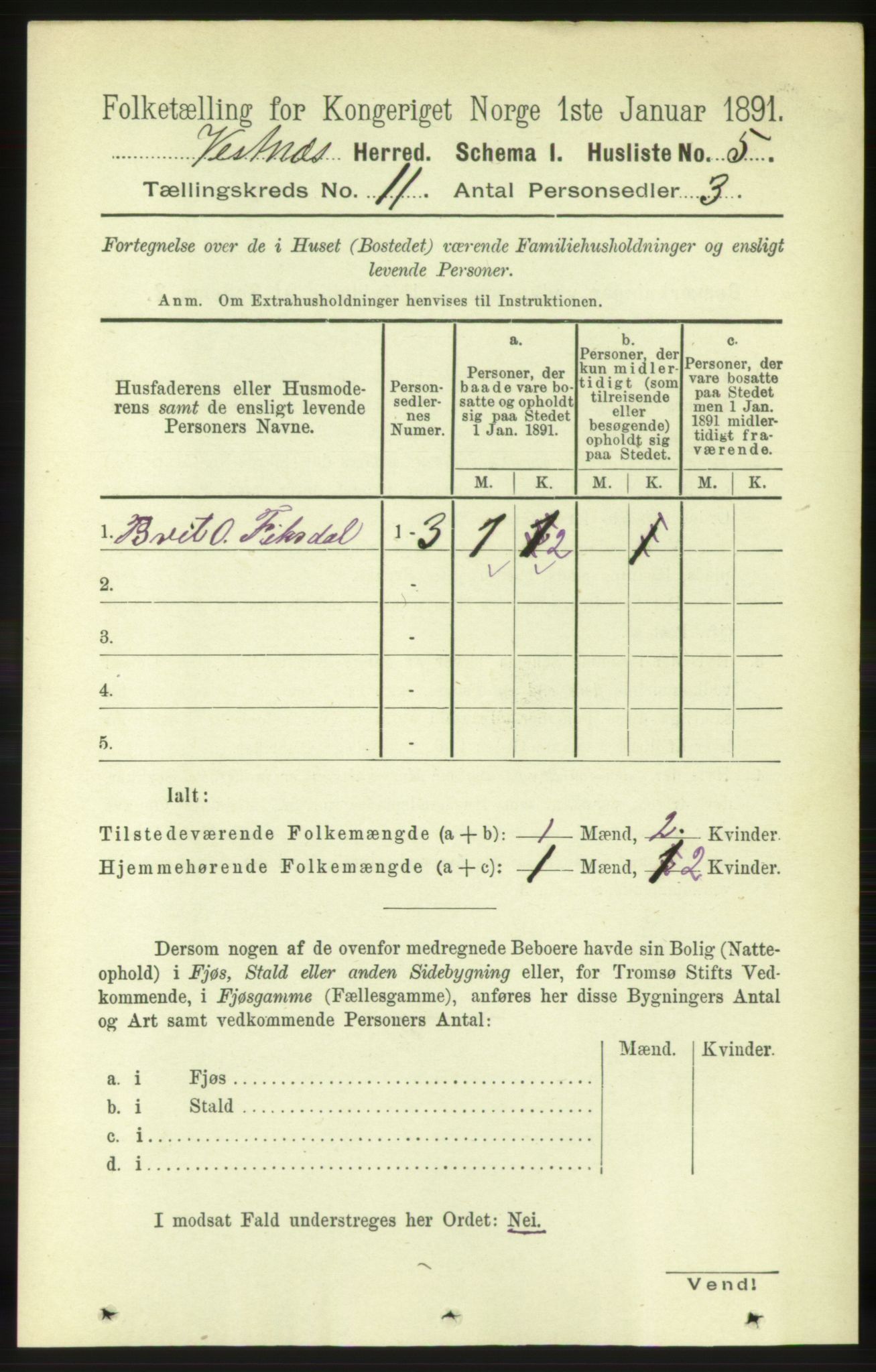 RA, 1891 census for 1535 Vestnes, 1891, p. 3861