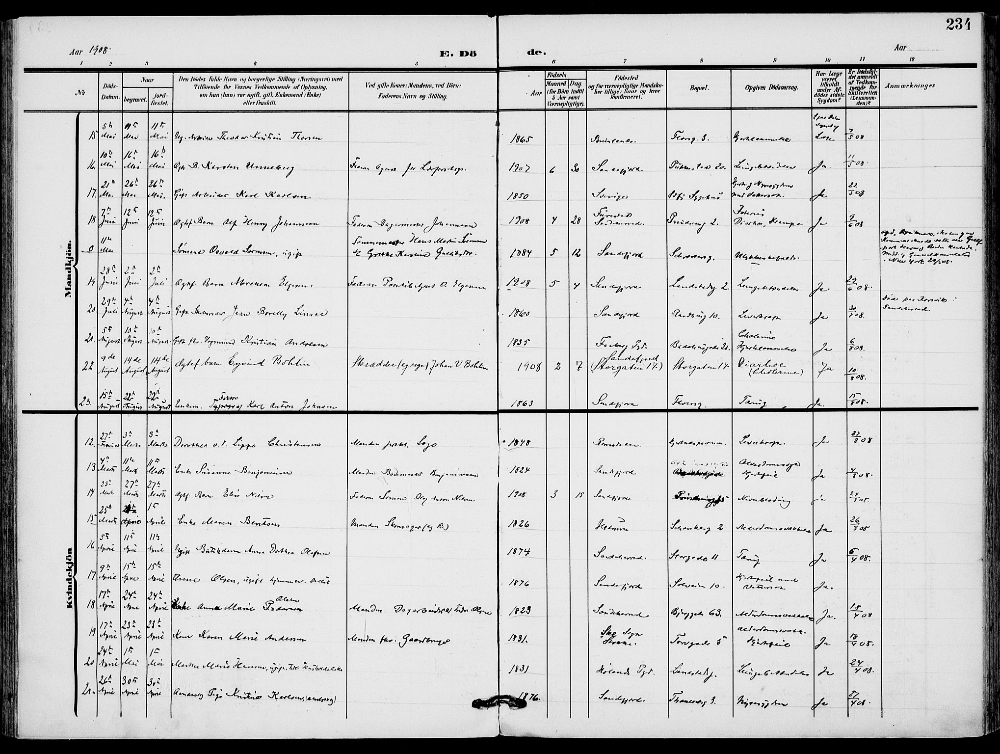Sandefjord kirkebøker, AV/SAKO-A-315/F/Fa/L0005: Parish register (official) no. 5, 1906-1915, p. 234