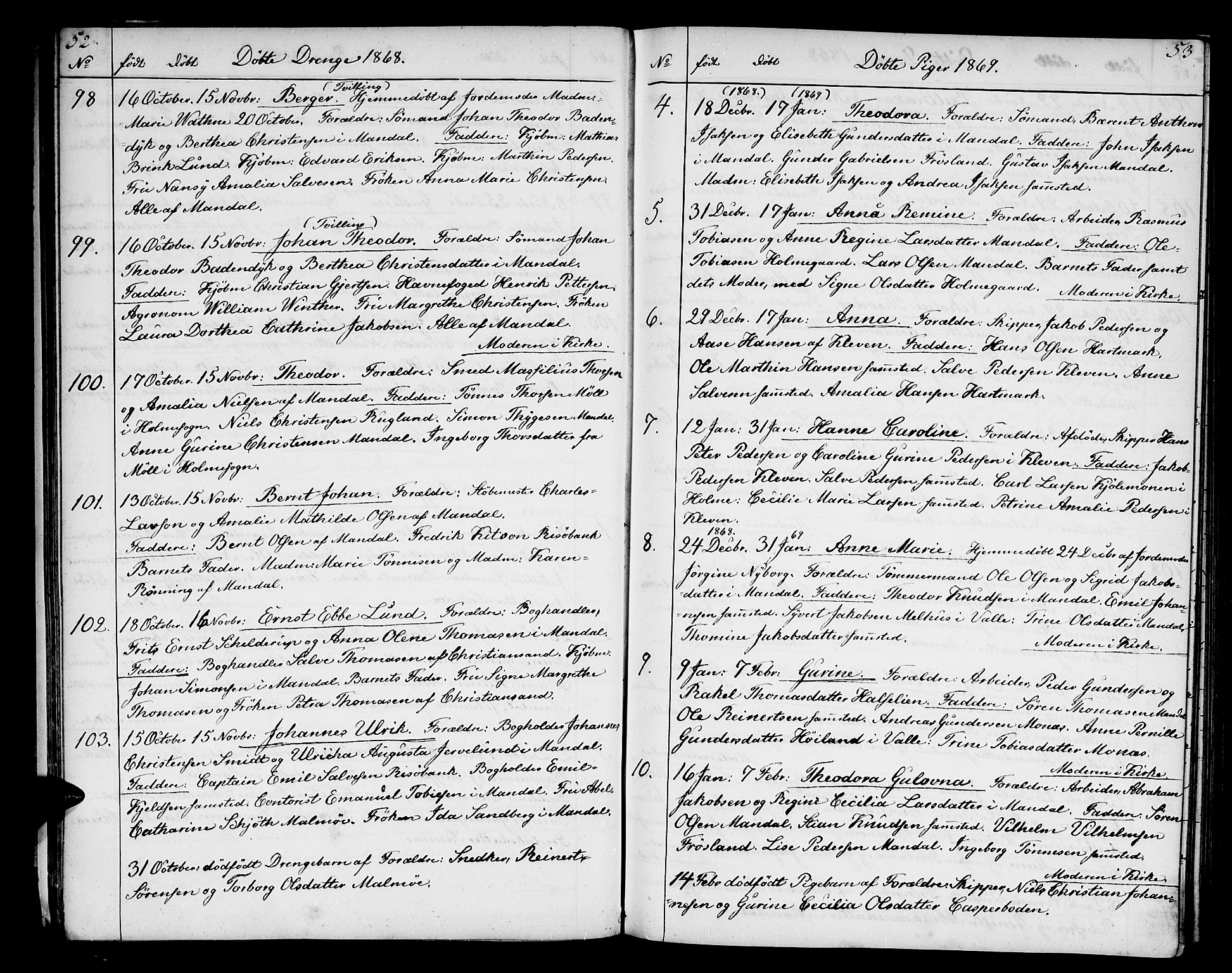 Mandal sokneprestkontor, SAK/1111-0030/F/Fb/Fba/L0009: Parish register (copy) no. B 3, 1867-1877, p. 52-53
